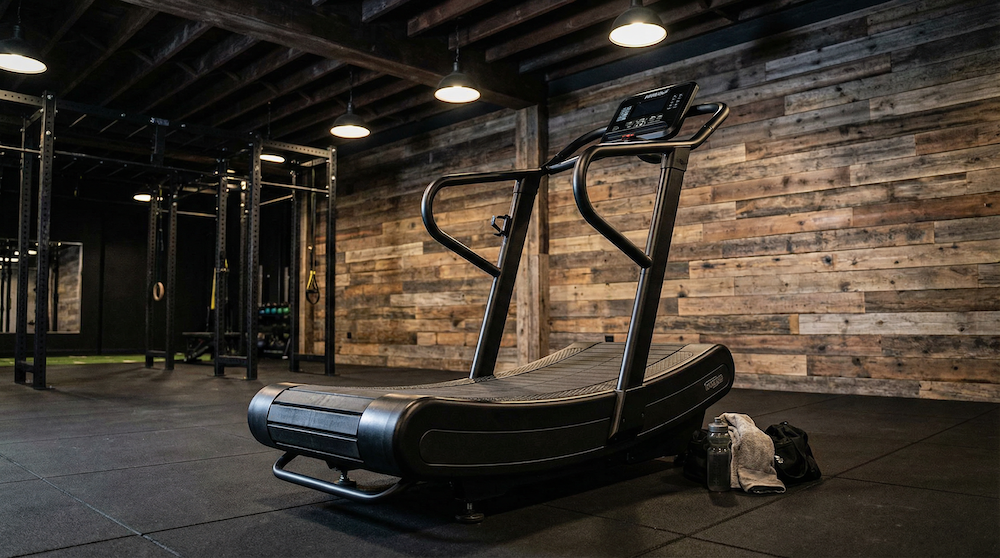 Curved treadmill in a gym with wooden plank walls and black rubber flooring, next to a water bottle, towel, and gym bag.