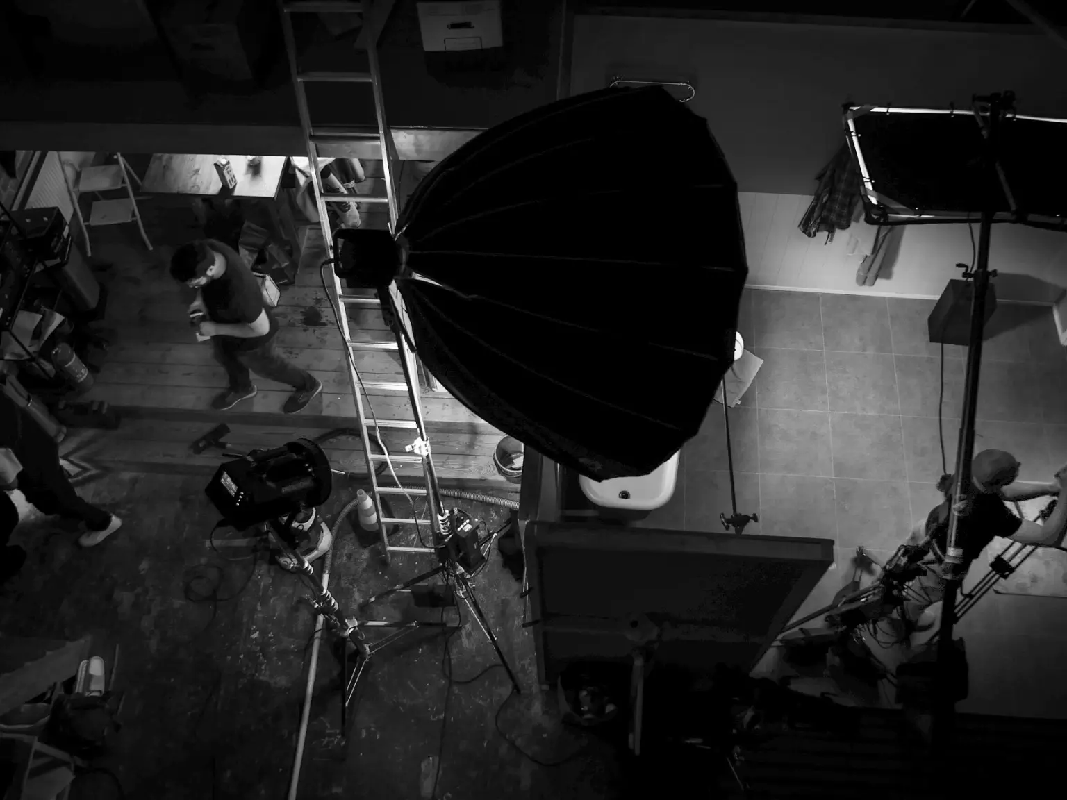 Overhead behind-the-scenes view of the bathroom film set