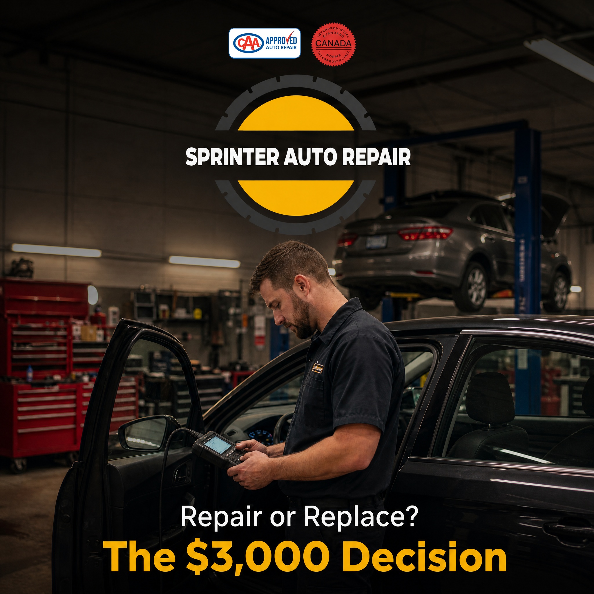 Sprinter Auto Repair technician running an OBD diagnostic scan on a vehicle in the Winnipeg shop