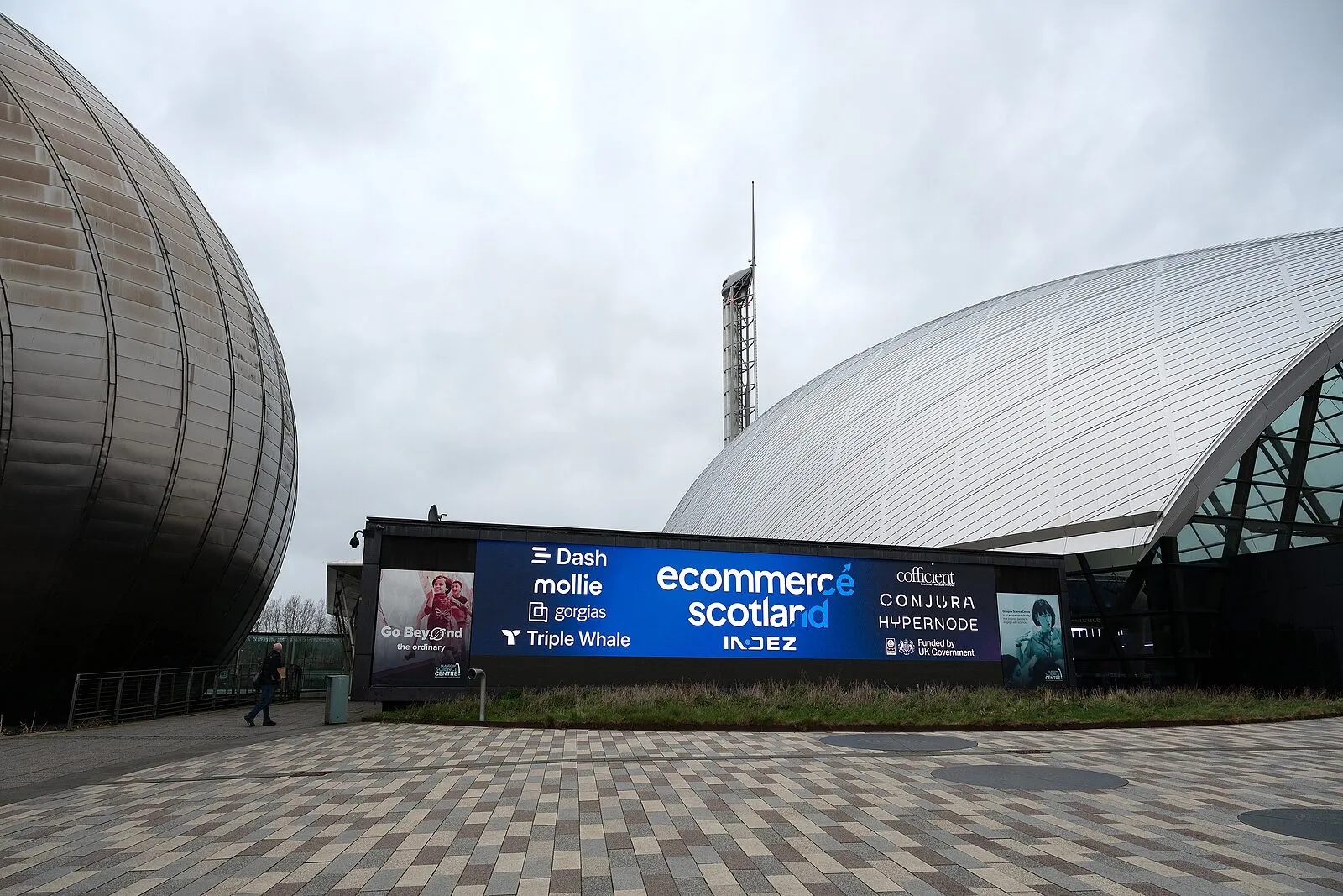 The IMAX and Glasgow Science Centre, with the Ecommerce Scotland 2026 banner outside