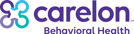 Carelon Behavioral Health logo with stylized interlocking shapes in purple and blue next to the text.