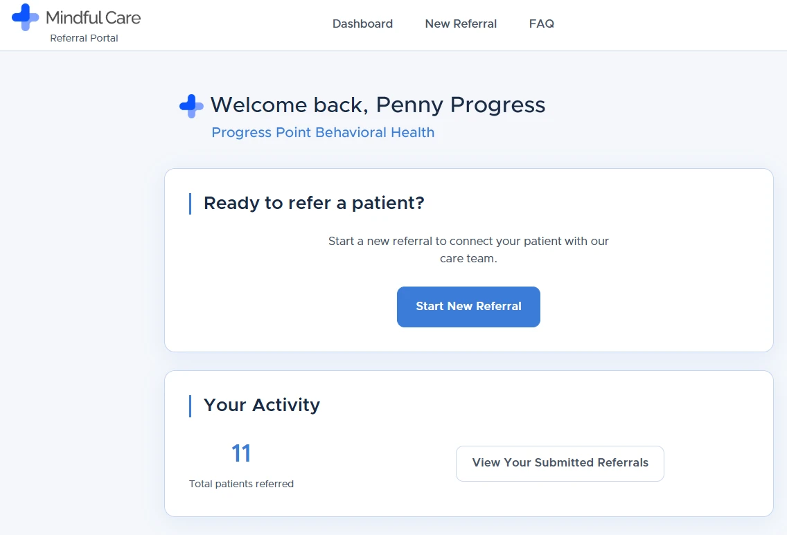 Referral Portal home dashboard with a Start New Referral button and a count of total patients referred