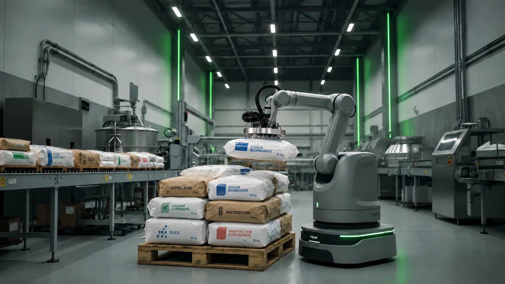 Captic AI vision robot depalletizing bags in a food production plant