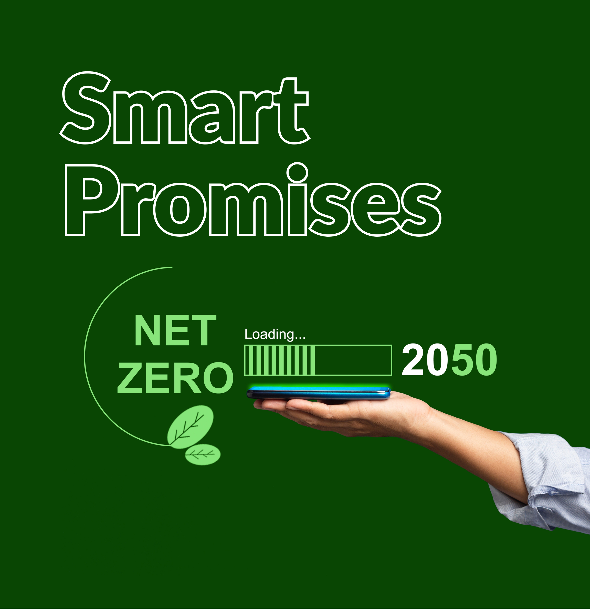 SmartPromises logo. Hands pointing at a net zero symbol