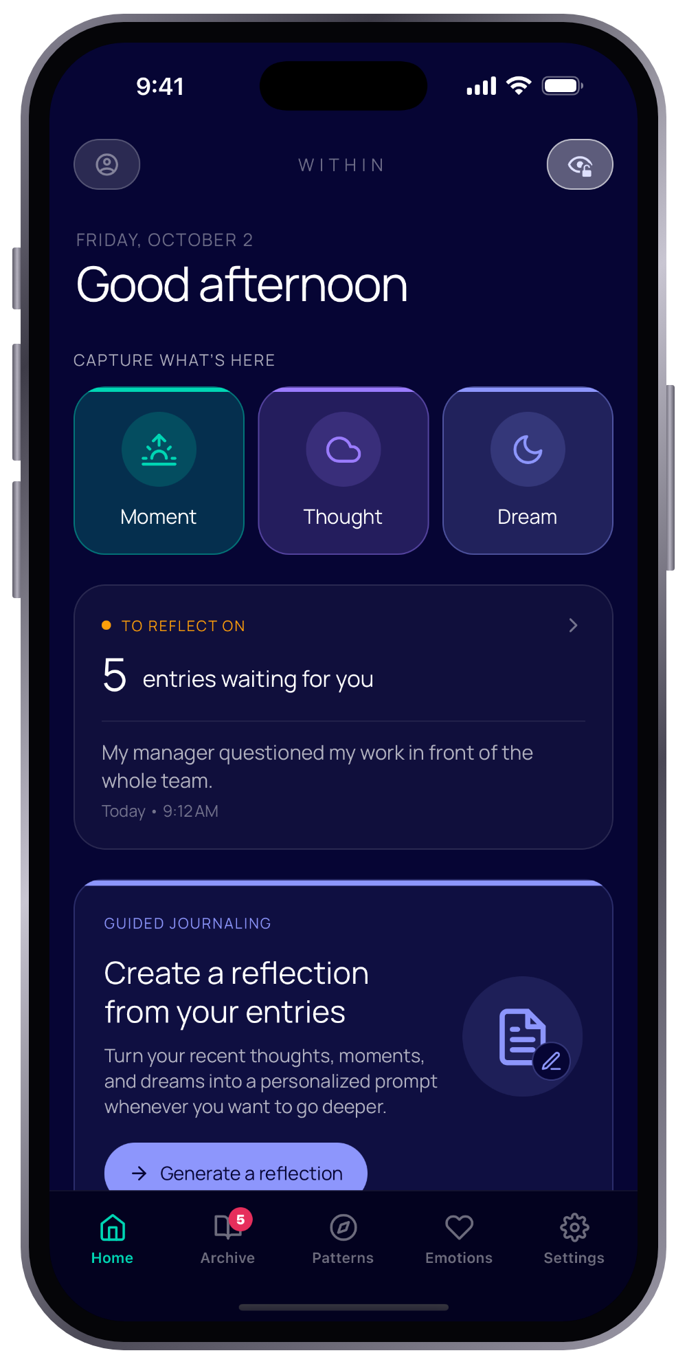 Within app home screen for logging moments, thoughts and dreams