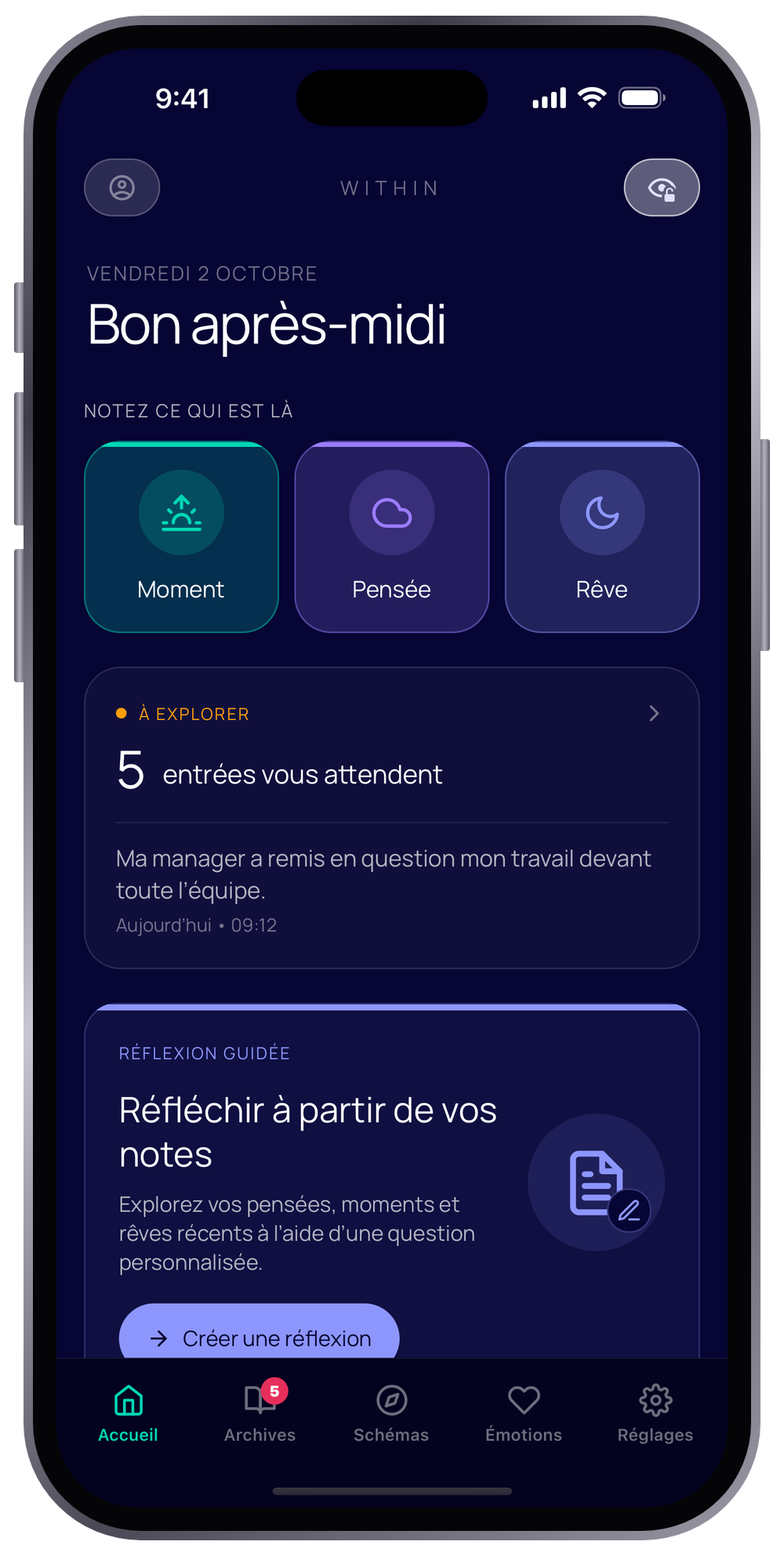 Within app home screen for logging moments, thoughts and dreams