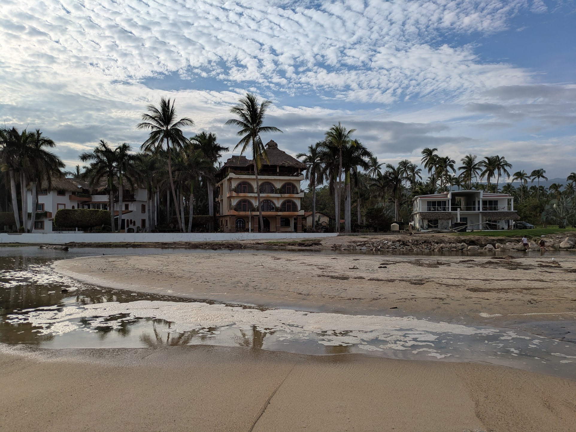 Palm trees line the shore in front of large beachfront villas with cloudy skies and reflections in the wet sand.