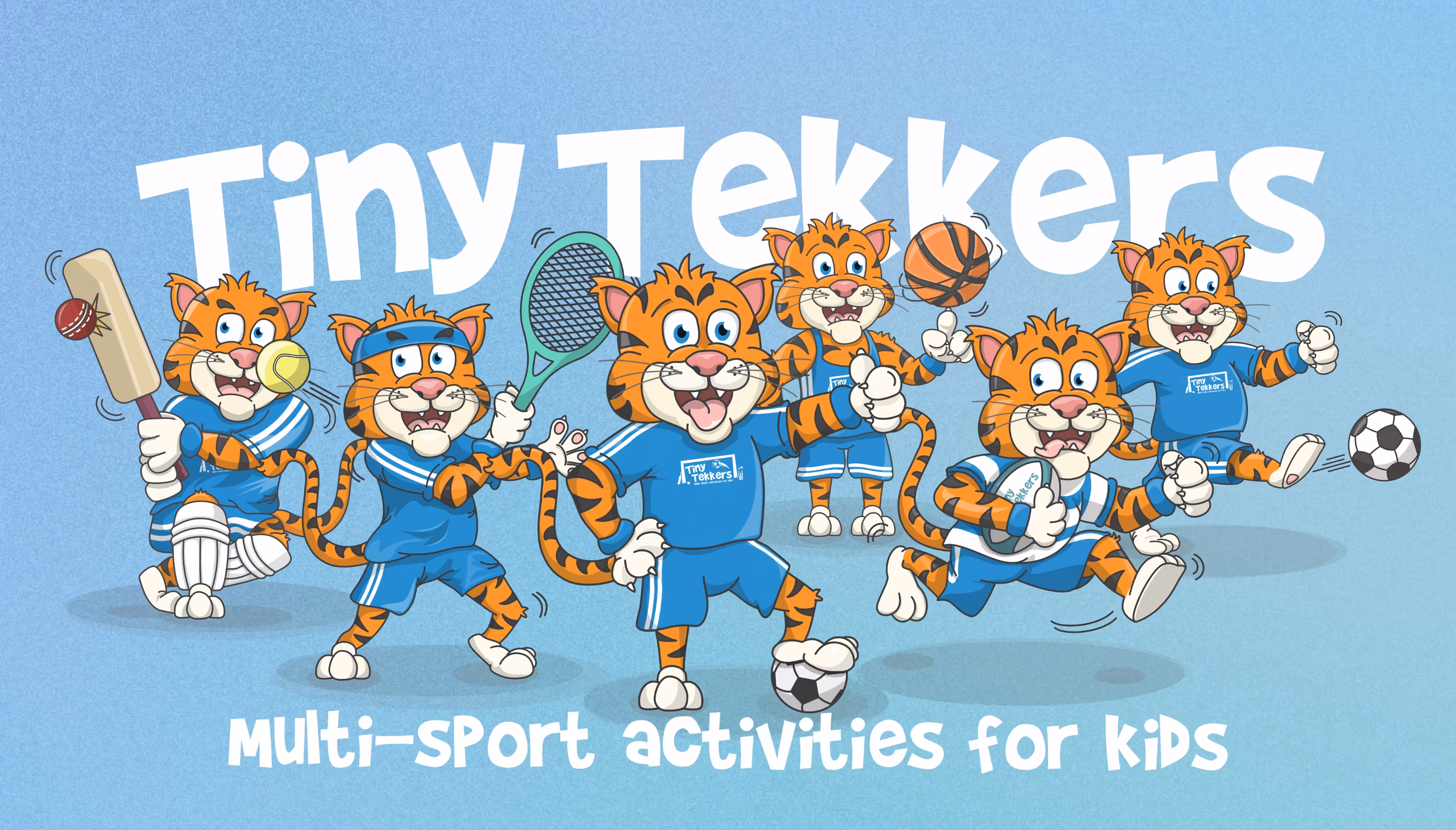 All the Tiny Tekkers Tiger mascots stand in a line in front of the Tiny Tekkers logo text. Each mascot is playing a different sport, football, tennis, rugby, cricket and basketball.