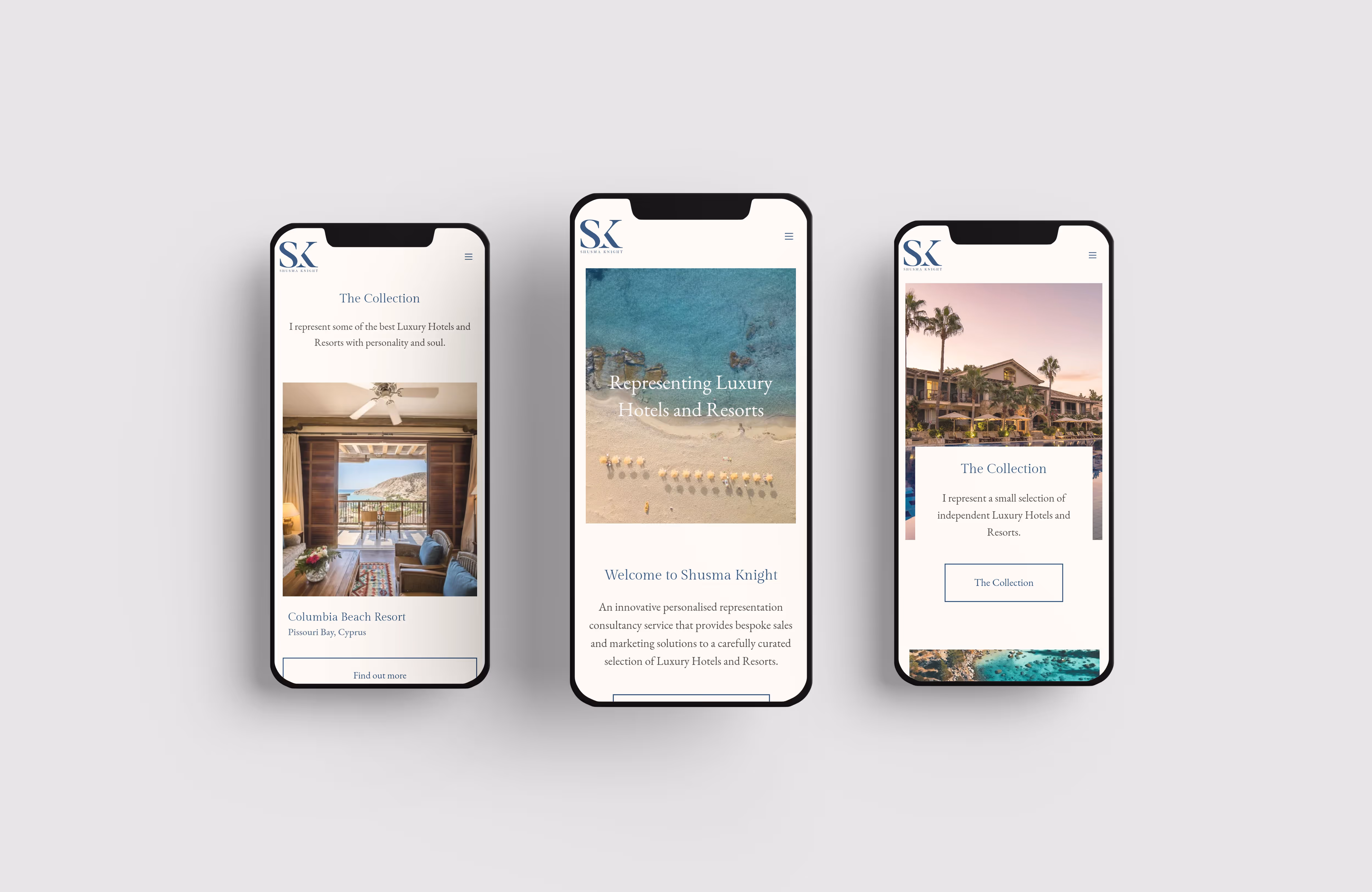 A trio of mobile screens of how the website looks on mobile devices.