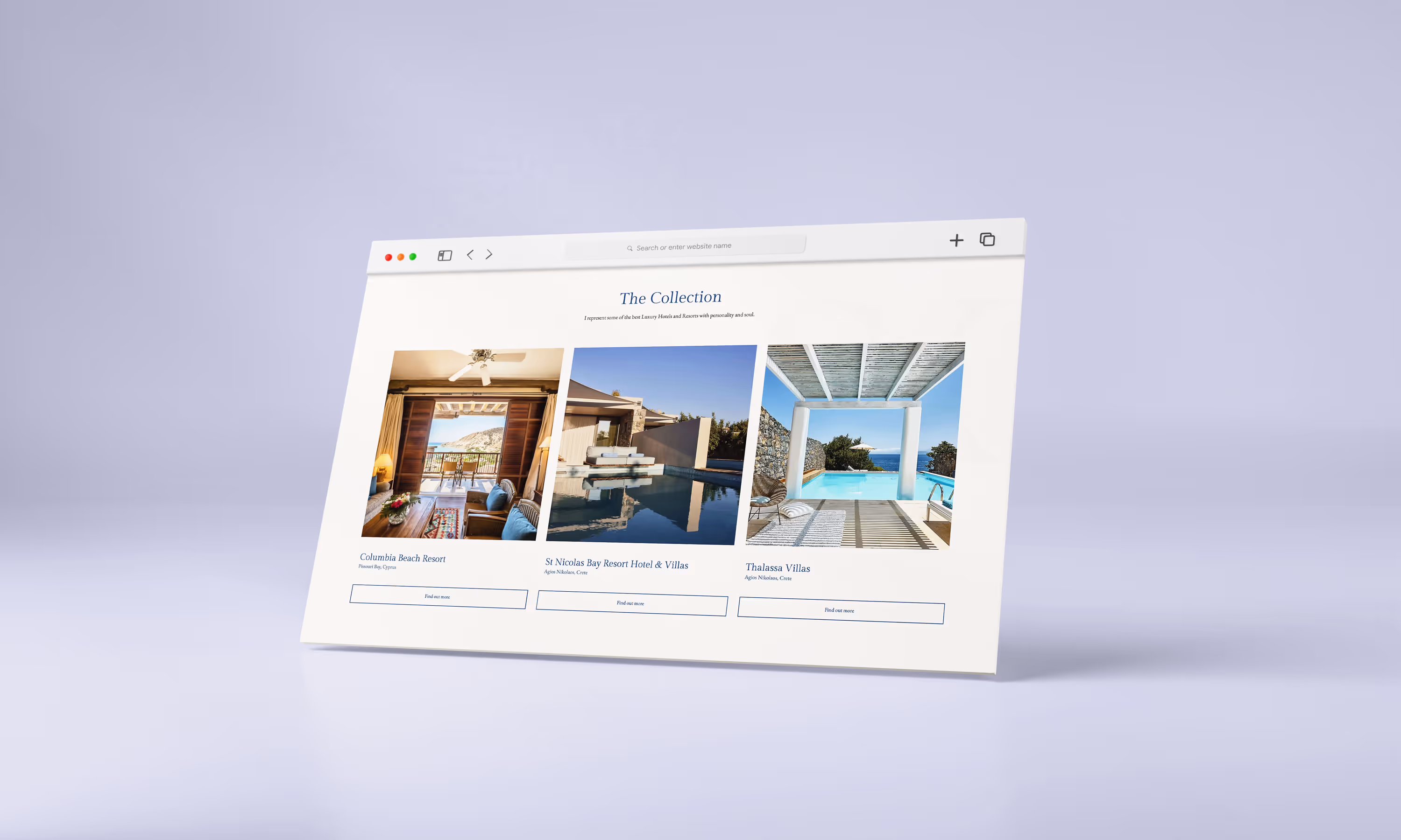 A webpage mock up showing the 3 hotels making up the collection the client works for