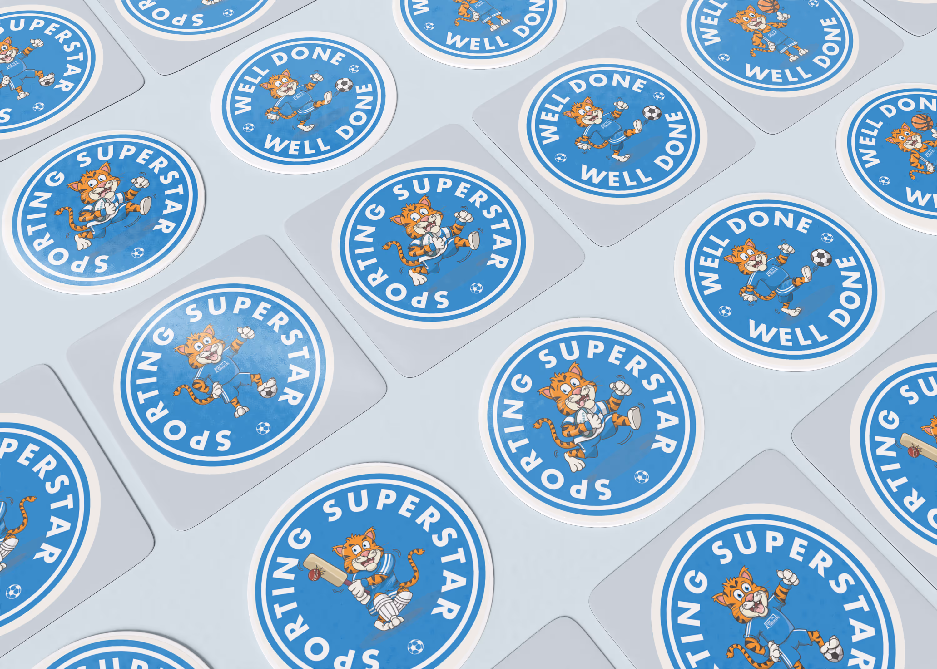 A selection of stickers featuring the Tiny Tekkers mascot in various different sporting positions