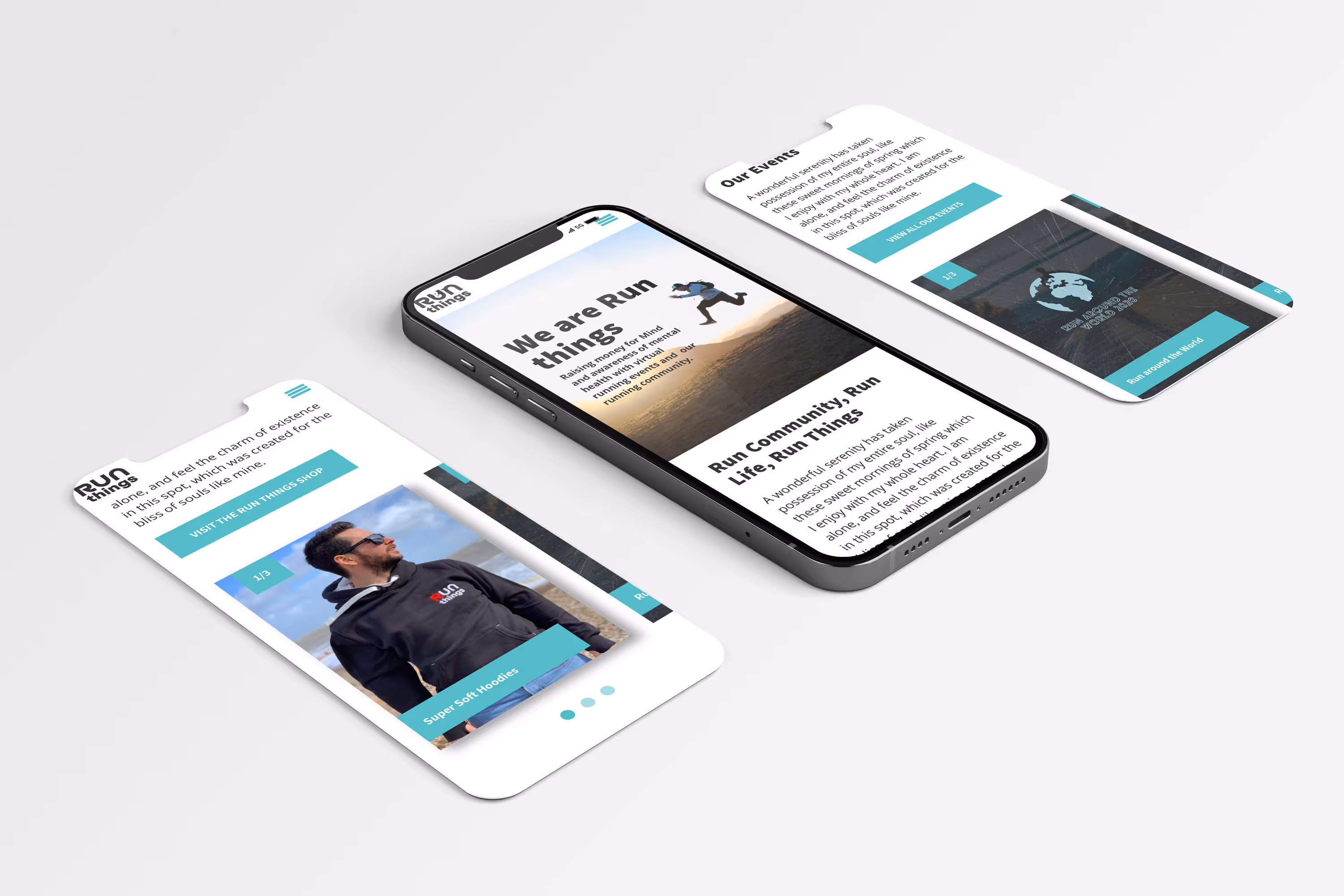 Mock up pages of the run things website and how they appear on mobile