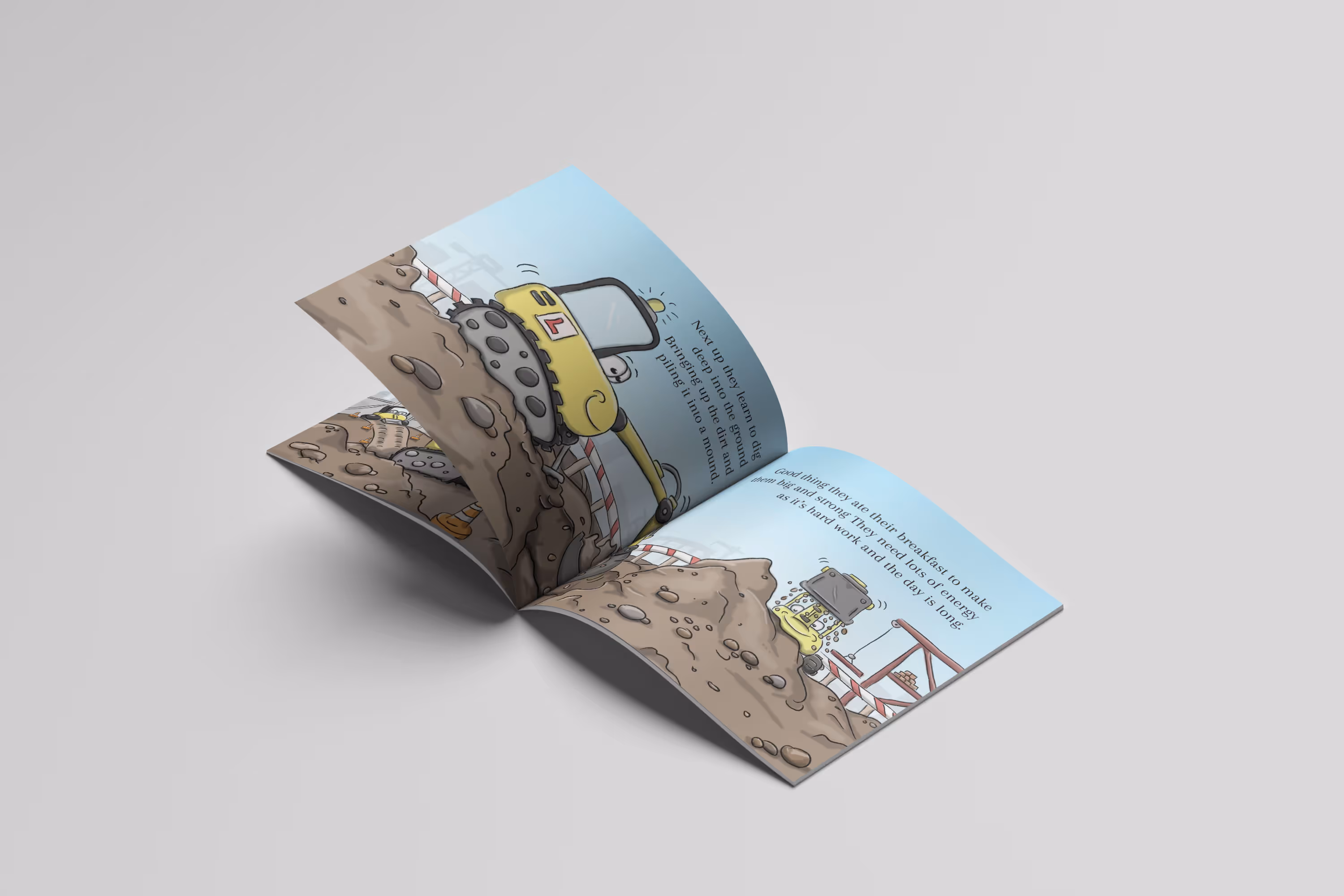 An open book showing illustrations from the digger school book.