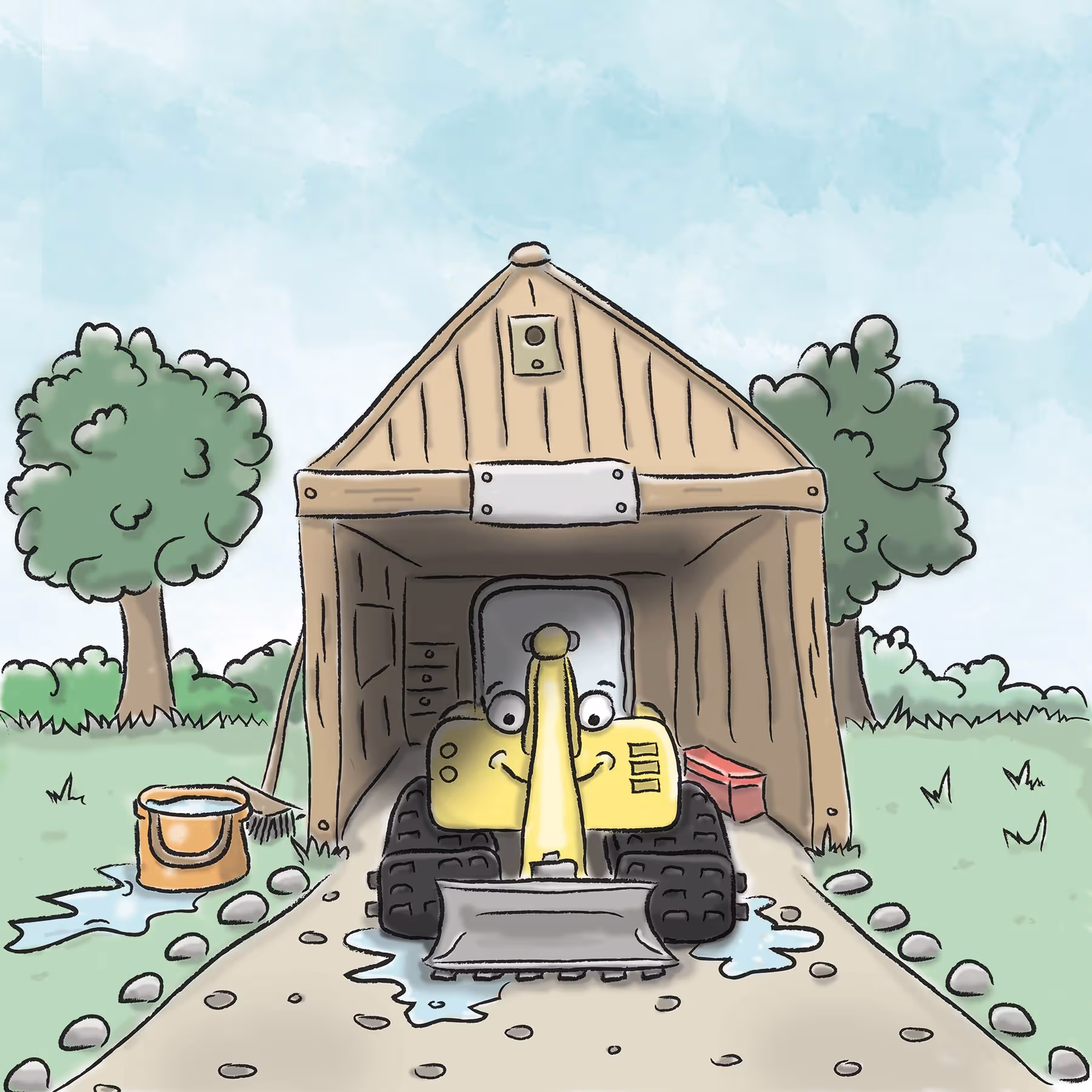 An illustration of a cartoon digger in a shed
