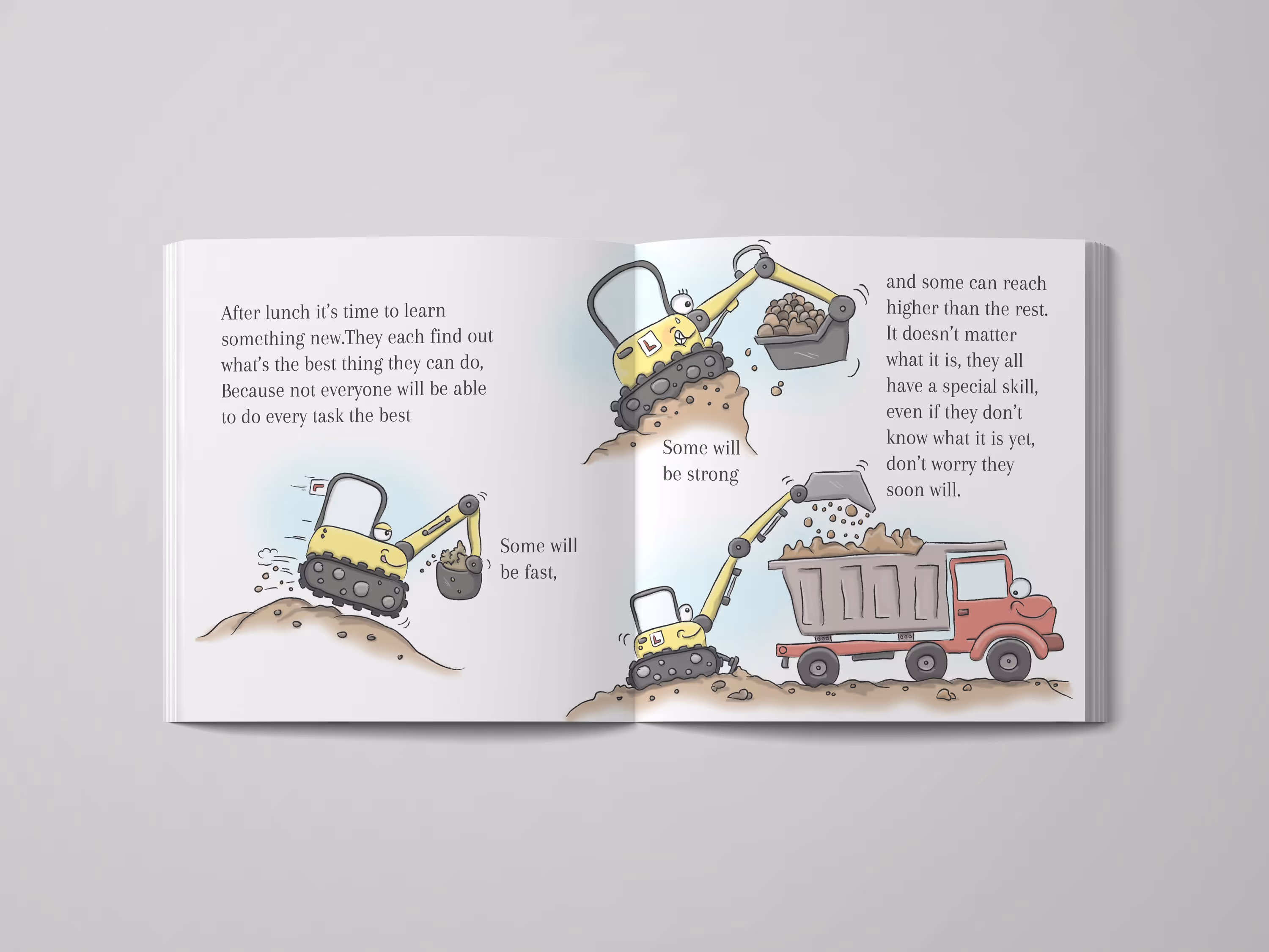 A center spread of a kids book about cartoon diggers