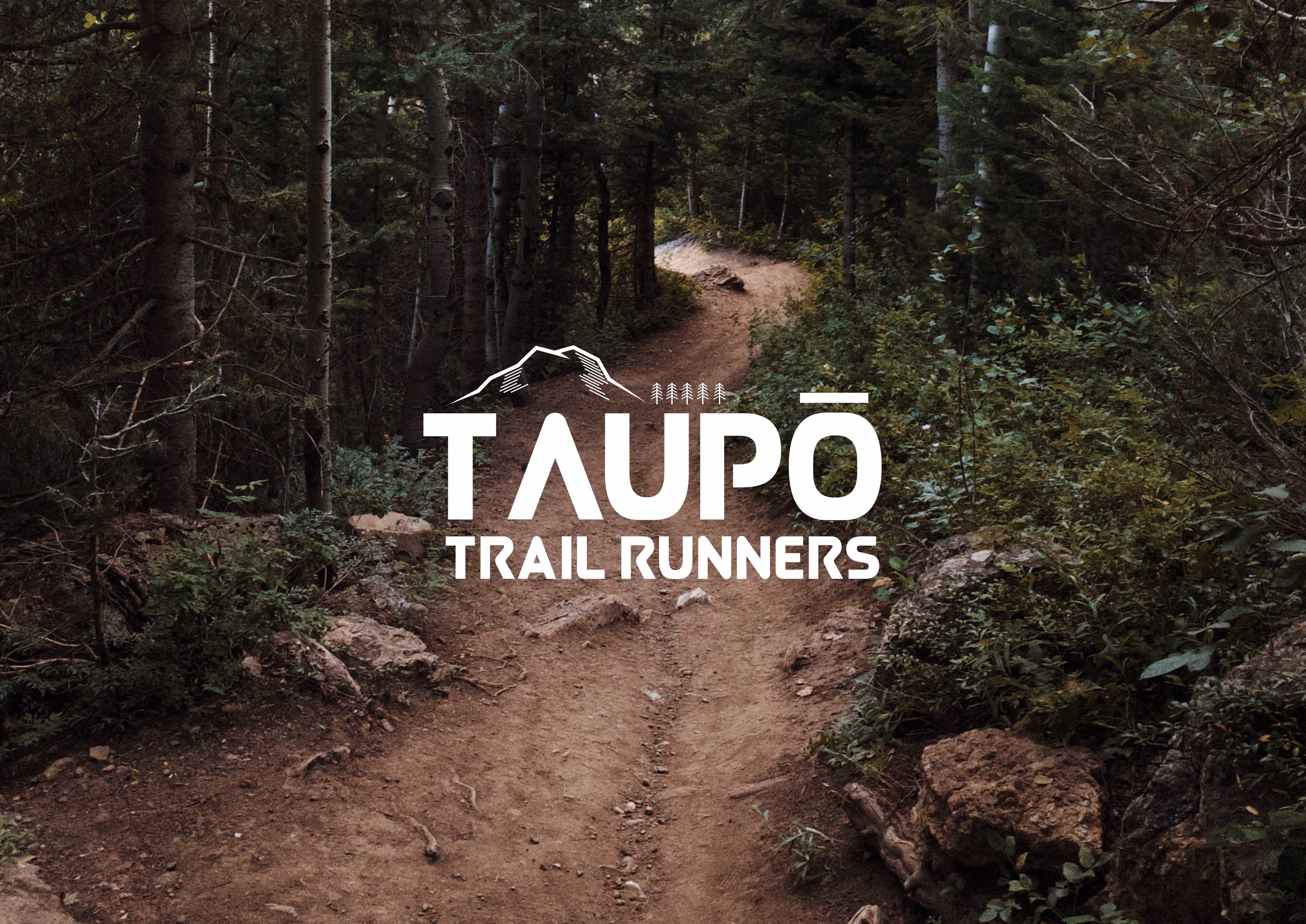 A forest trail along a dirt path with the Taupo Trail Runners logo in the middle of the screen