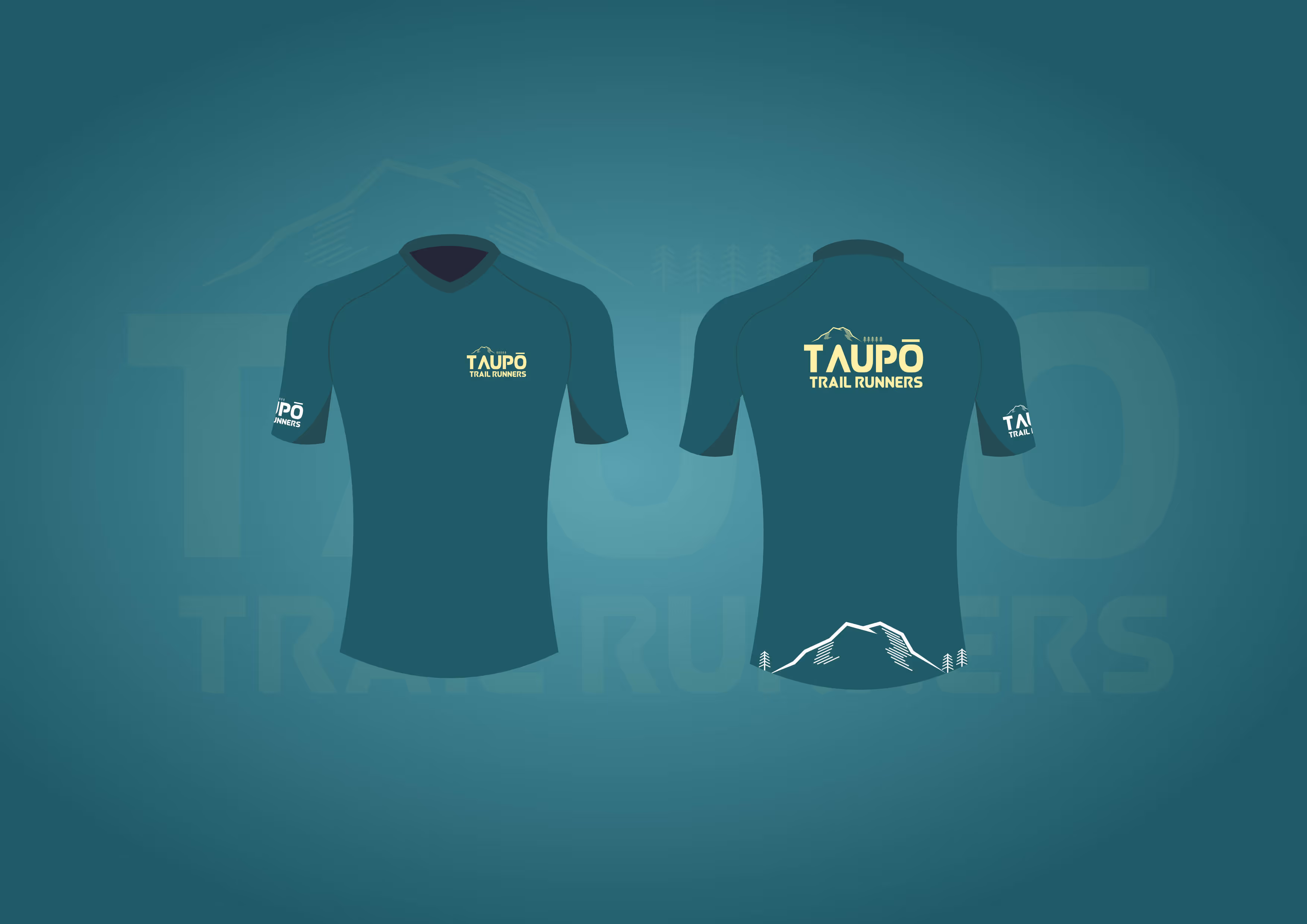A mock up of running tops for Taupo Trail Runners. Green tops with yellow branding