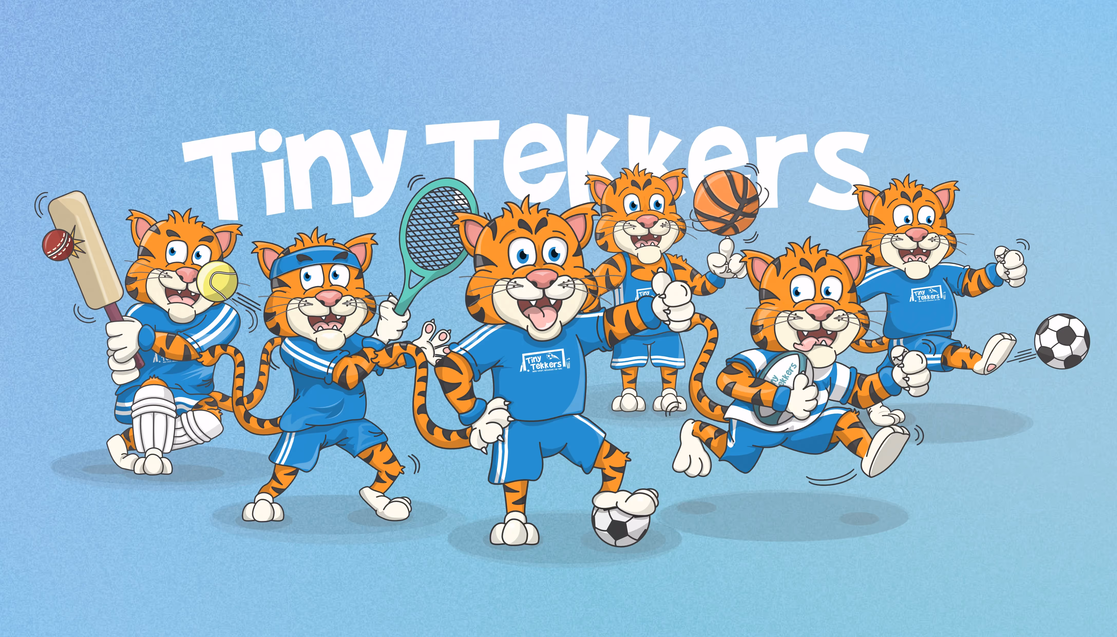 A selection of illustrated cartoon tigers wearing a blue tiny tekkers kit playing different sports such as football, tennis, cricket and rugby