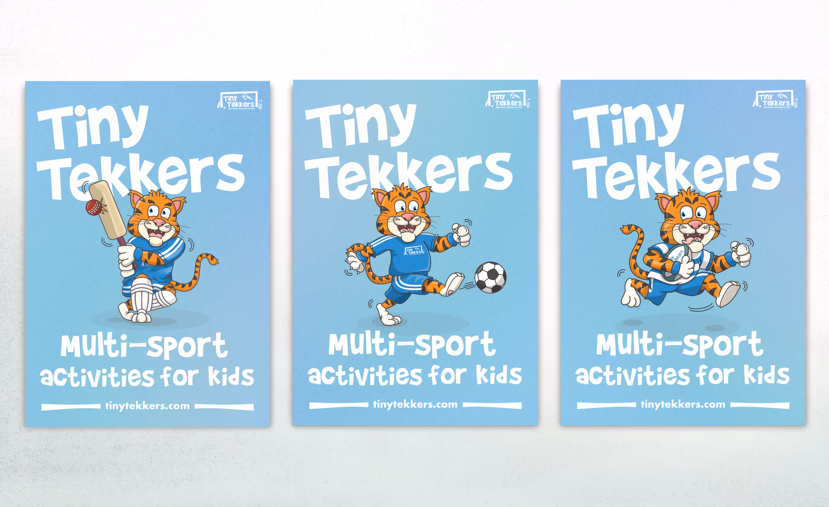 Poster designs for Tiny Tekkers that feature the mascot in different sporting poses 