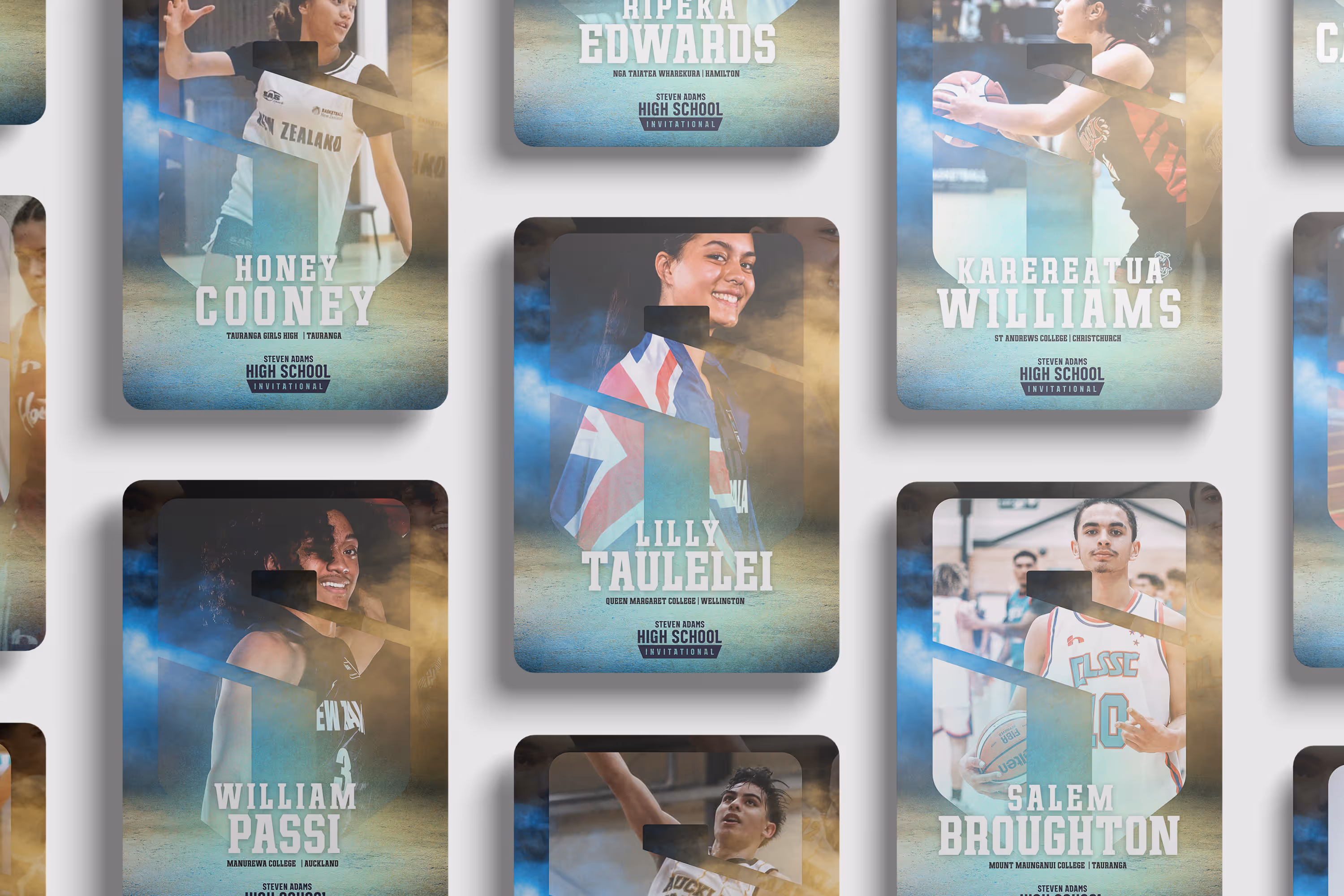 Designed player cards featuring young players taking part in a basketball tournament