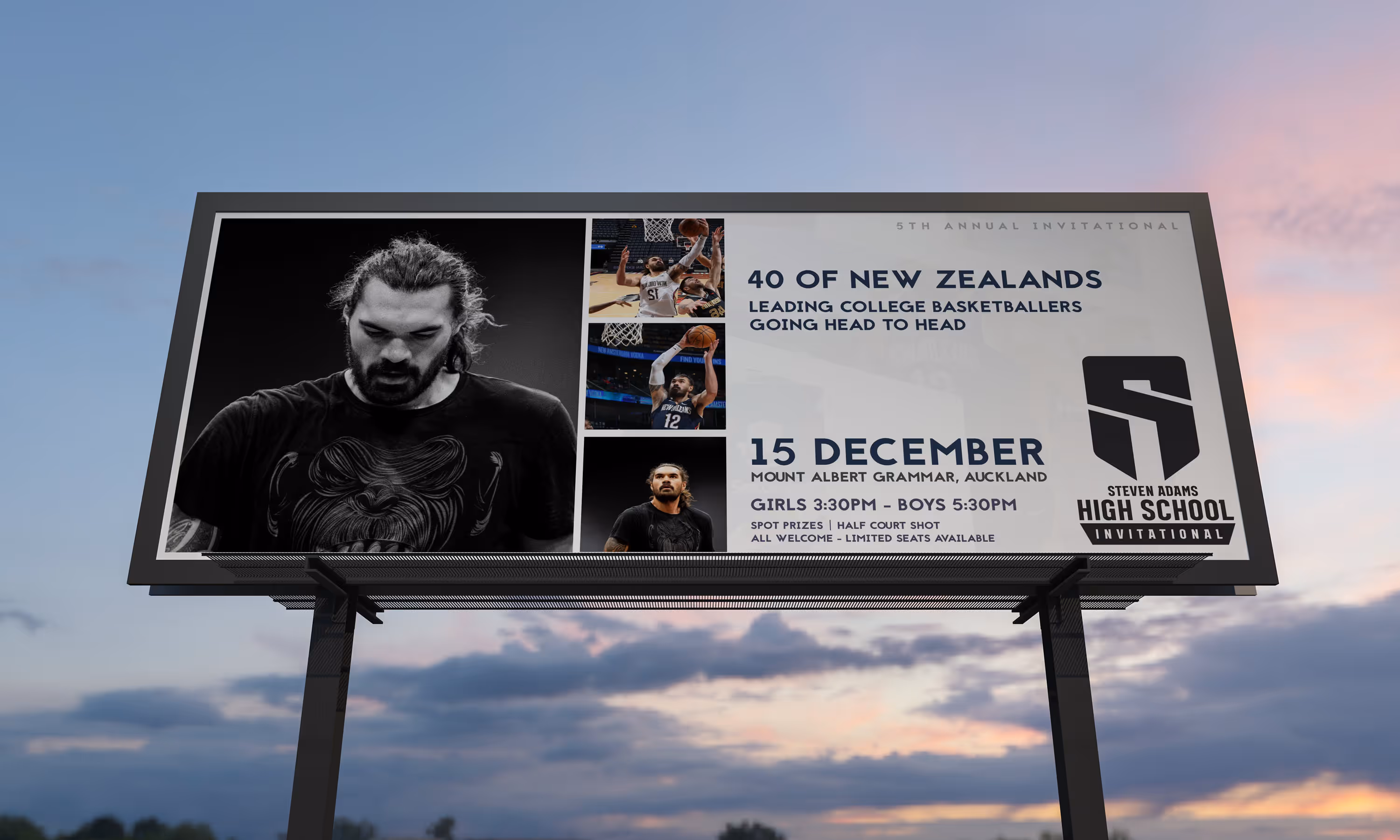 An outdoor billboard featuring details of a basketball event 