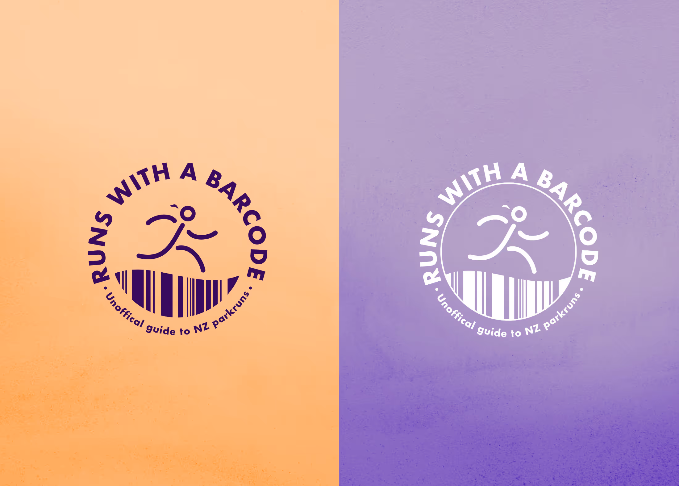 Two colour variations of the runs with a barcode logo. One on an orange background the other on a purple background