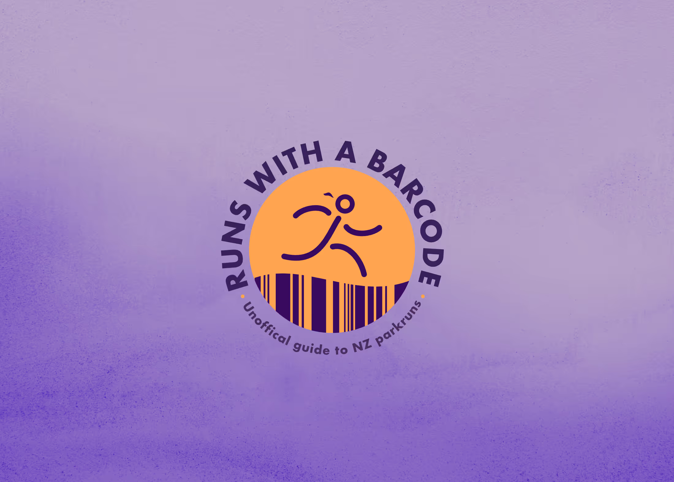 The runs with a barcode logo sits in the centre of the image on a purple background