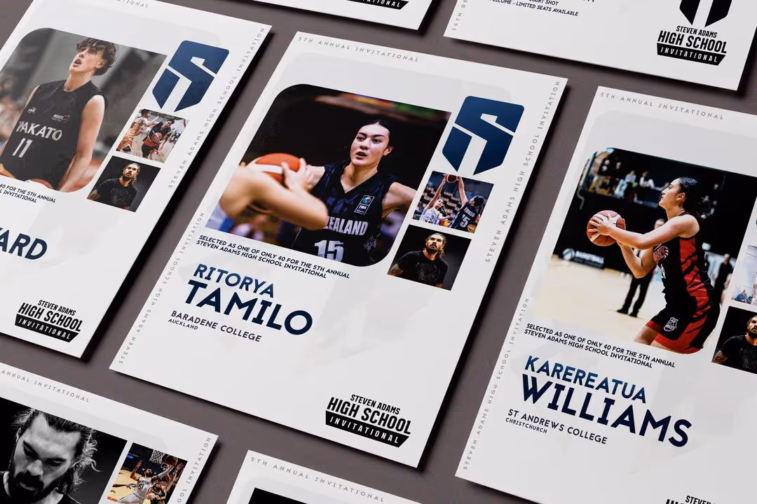 Posters promoting youth team basketball players for a tournament in New Zealand. The posters appear to be at an angle and some sit outside the image.
