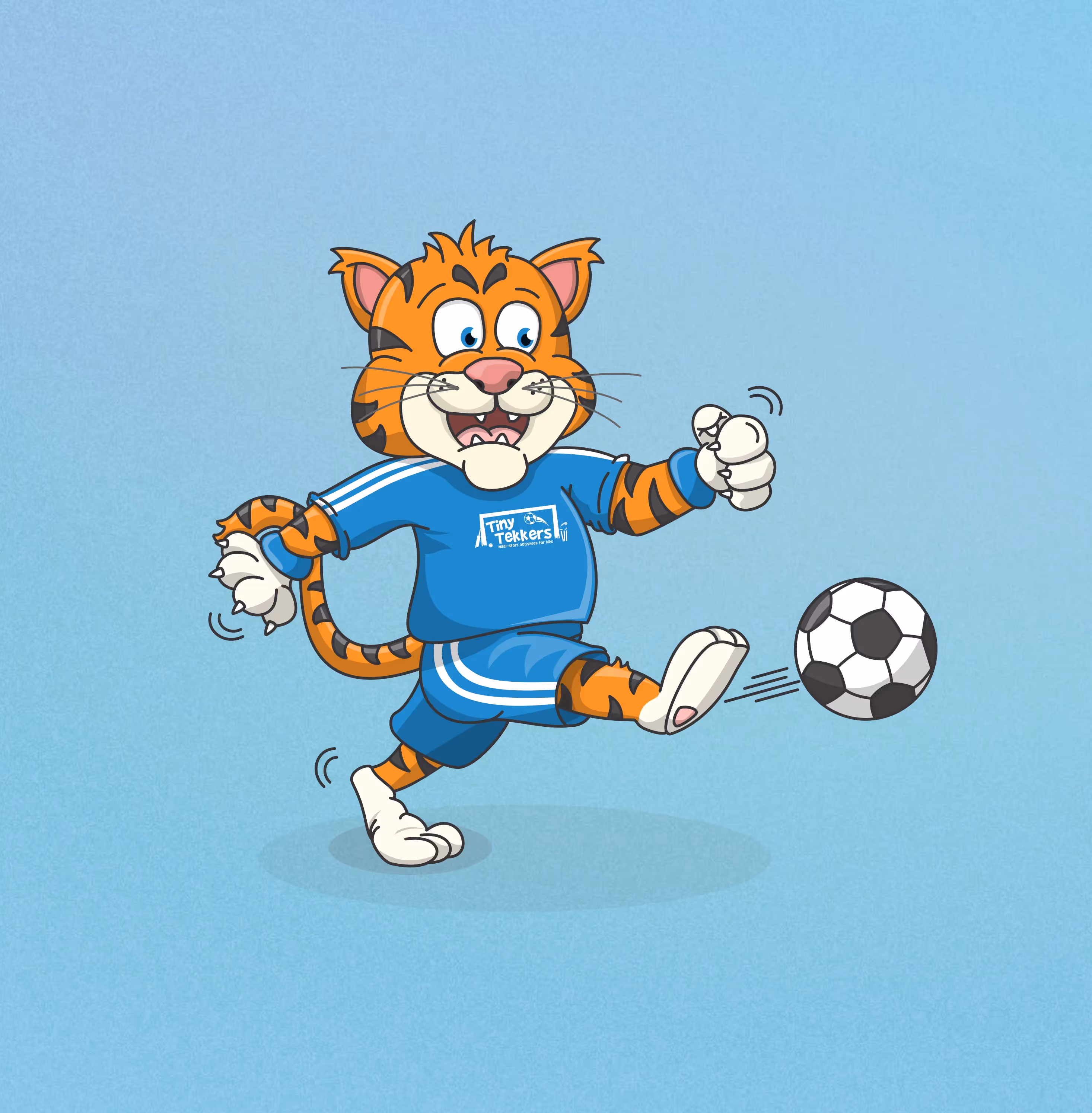 a cartoon tiger in a blue sports kit kicks a football