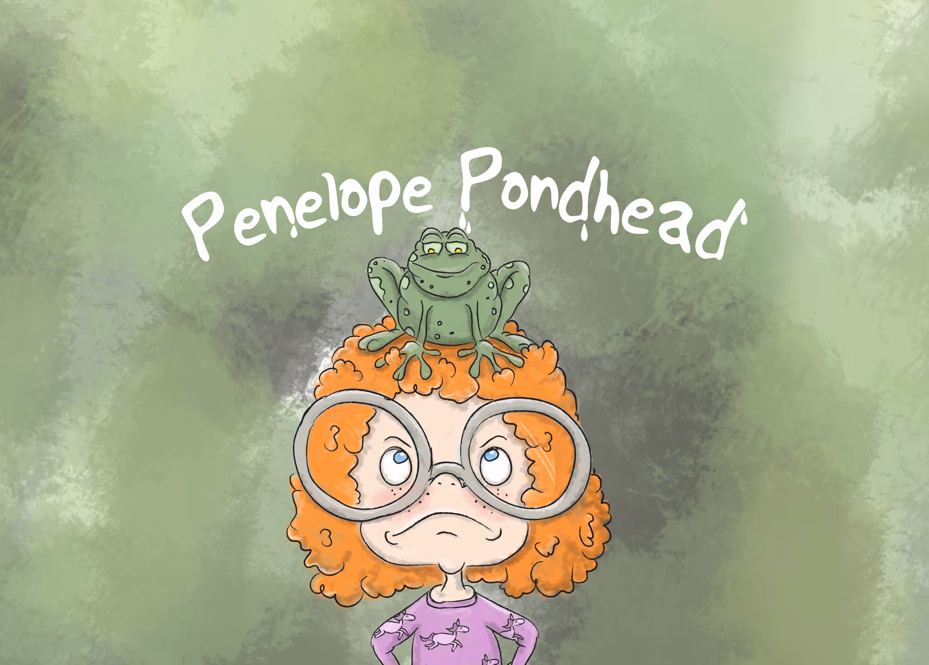 A cartoon girl with curly ginger hair and large glasses looks up at a frog sitting on her head
