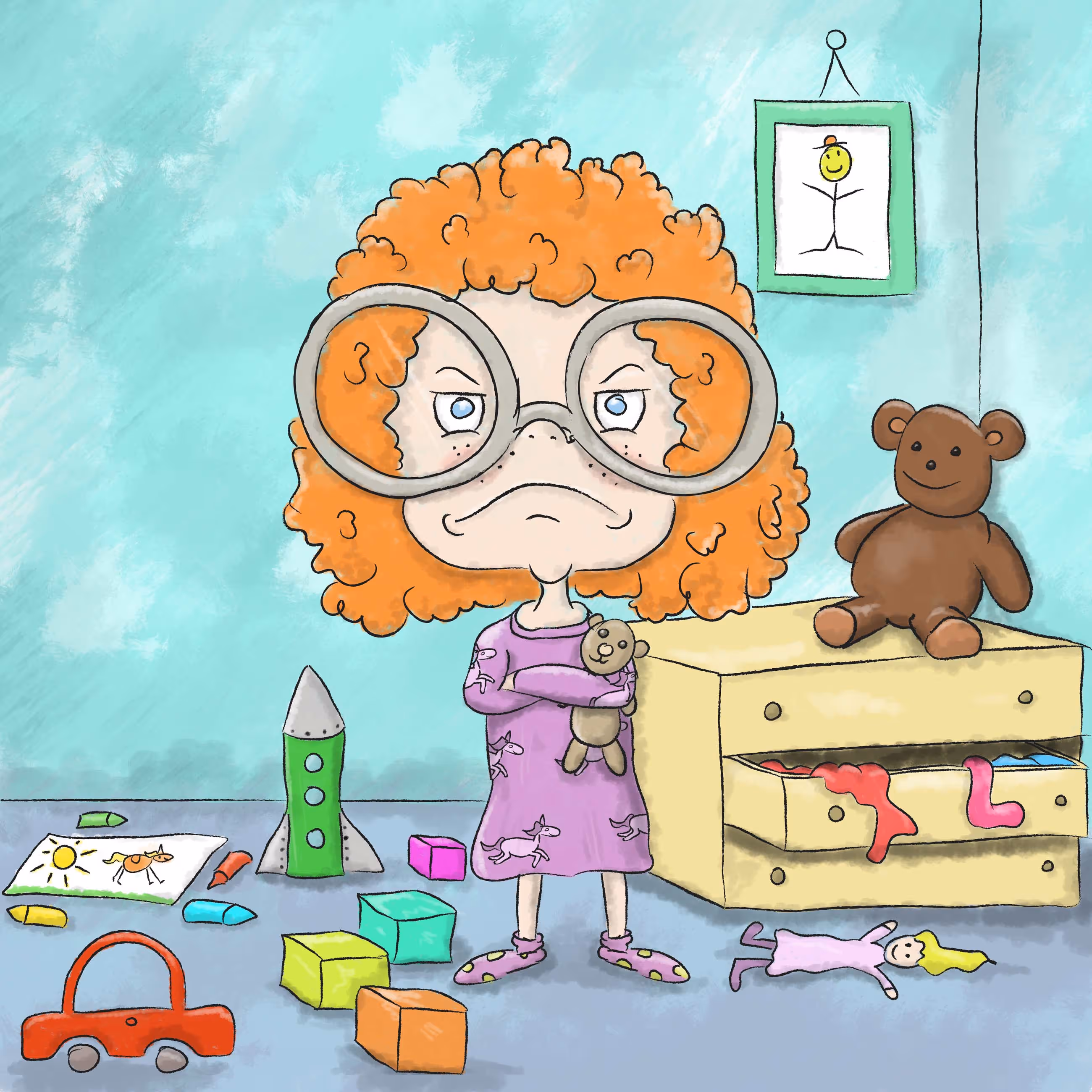 a grumpy looking cartoon girl with curly ginger hair and big glasses has her arms folded and is stood in an untidy bedroom