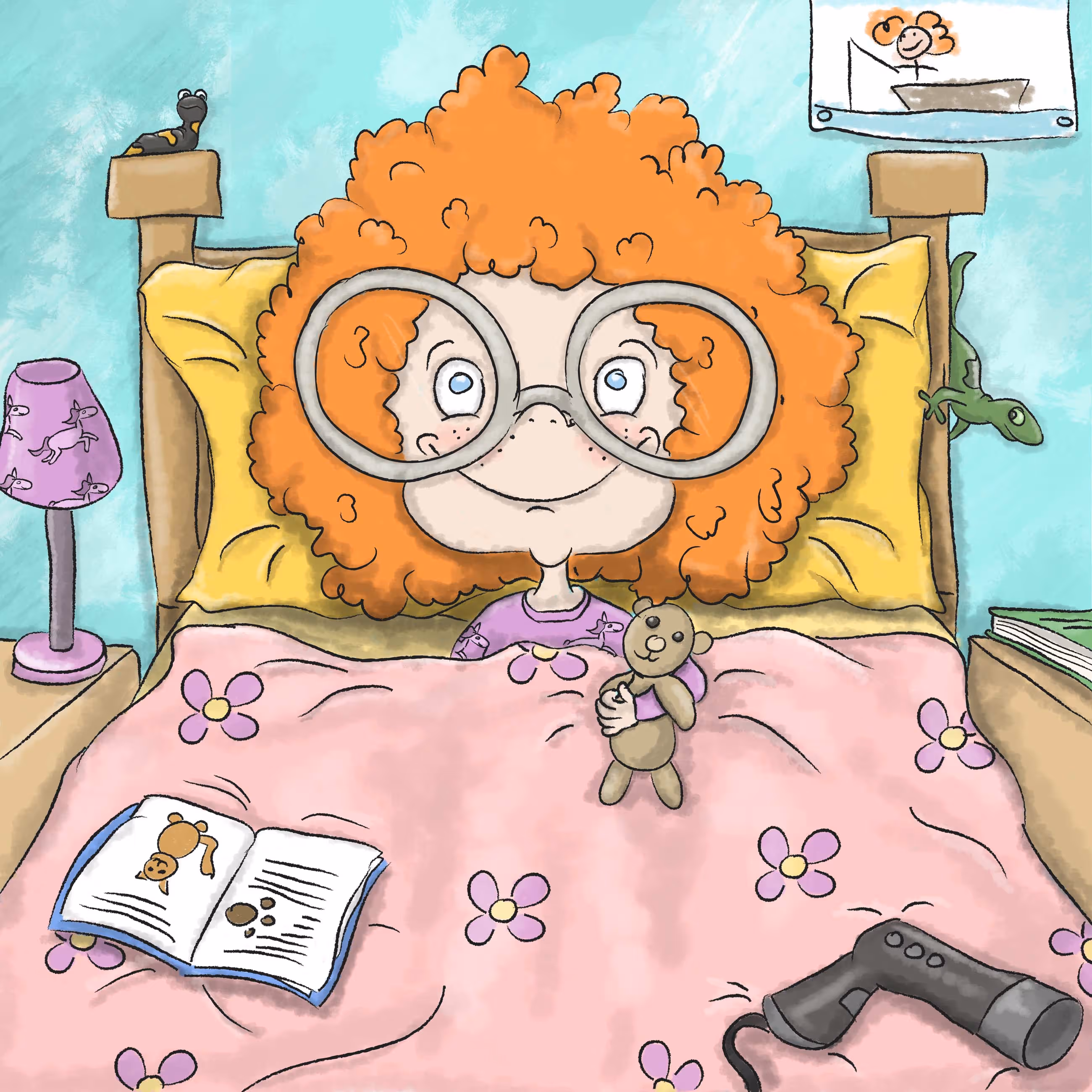 A cartoon of a girl smiling in bed. She has large ginger hair and big glasses with pink bed sheets