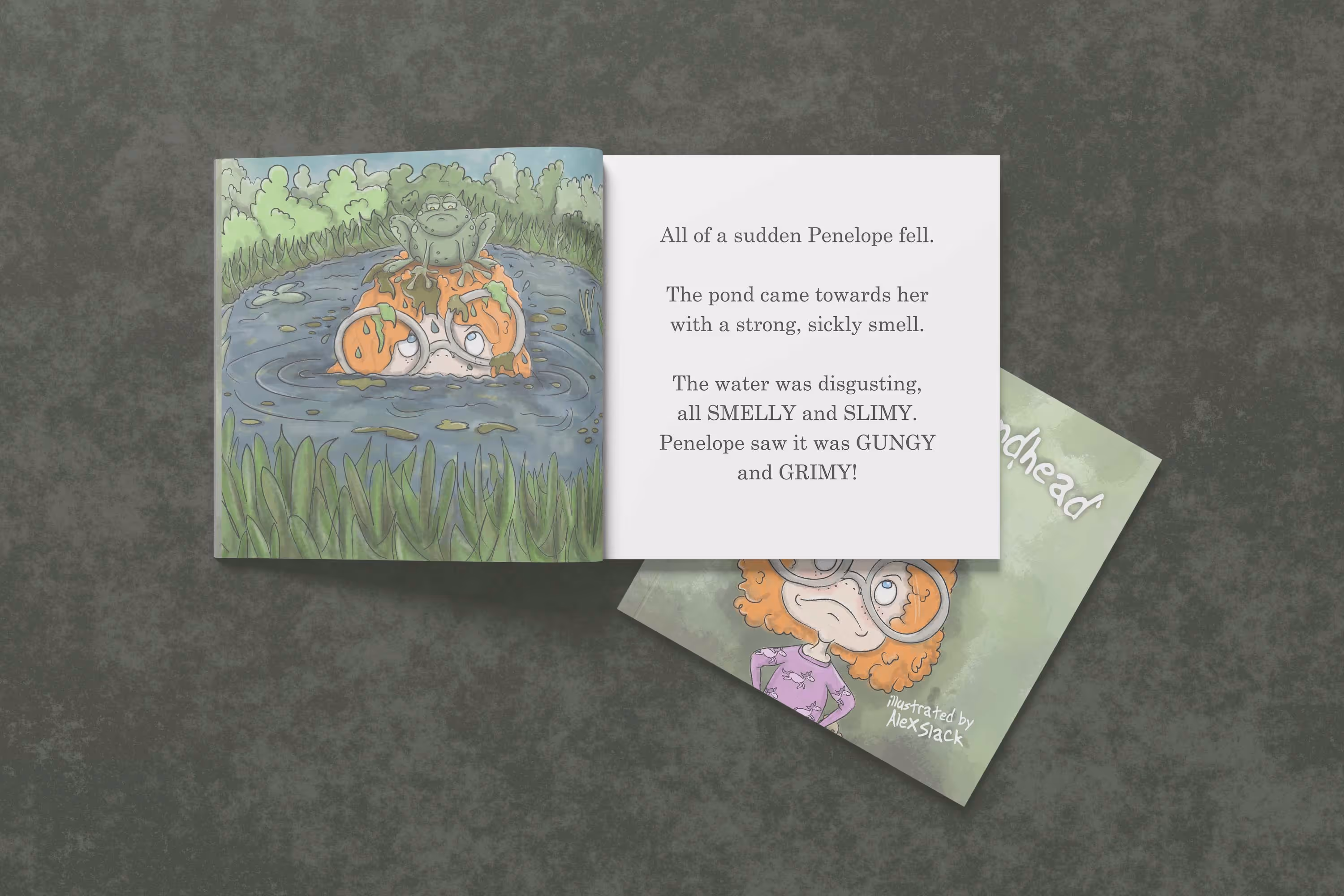 An open childrens book featuring illustrations from the story and the text on the page opposite. The front cover is laid under the open book and is partly visible