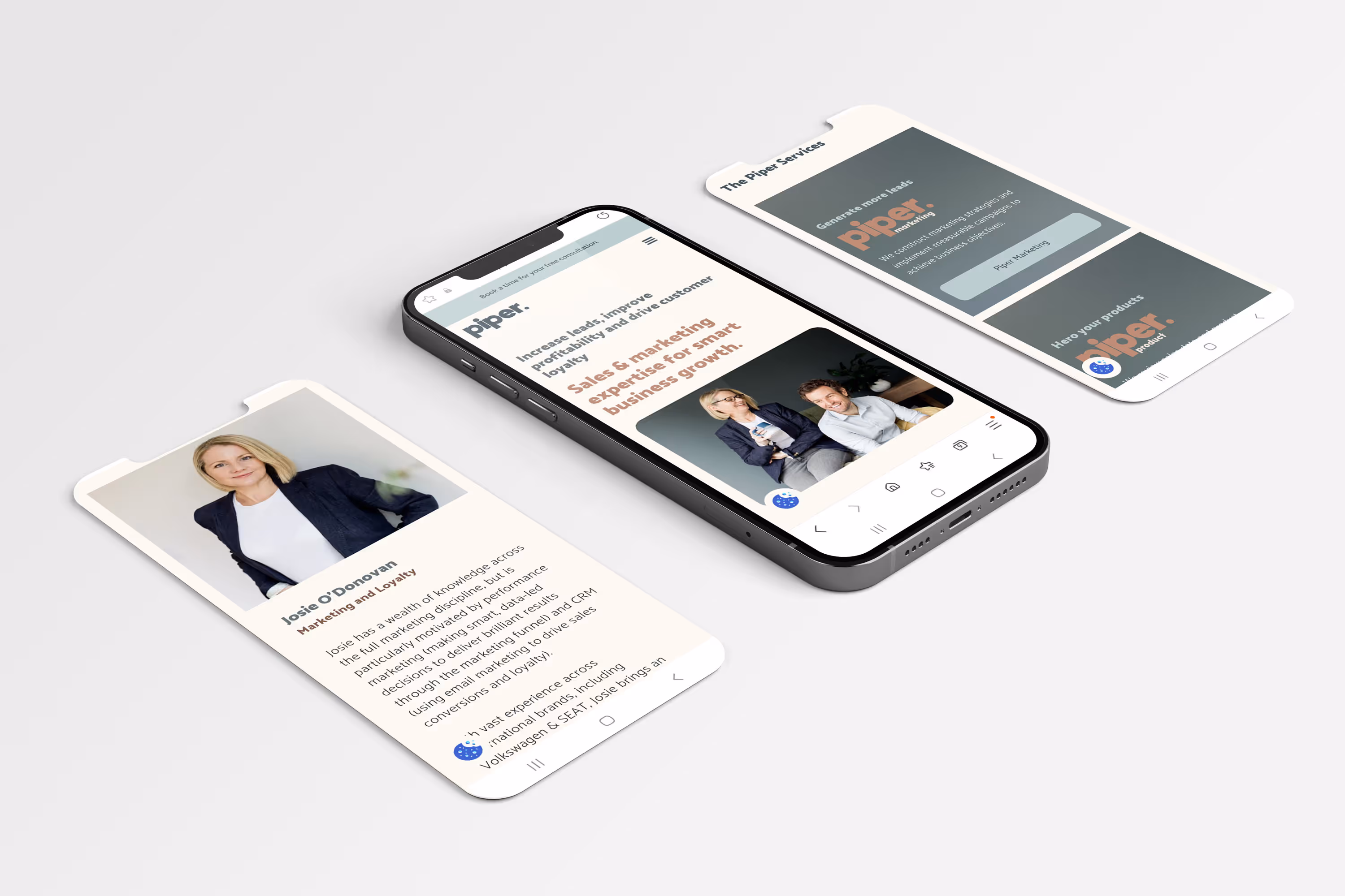 Mobile mocked up pages from the new Piper website