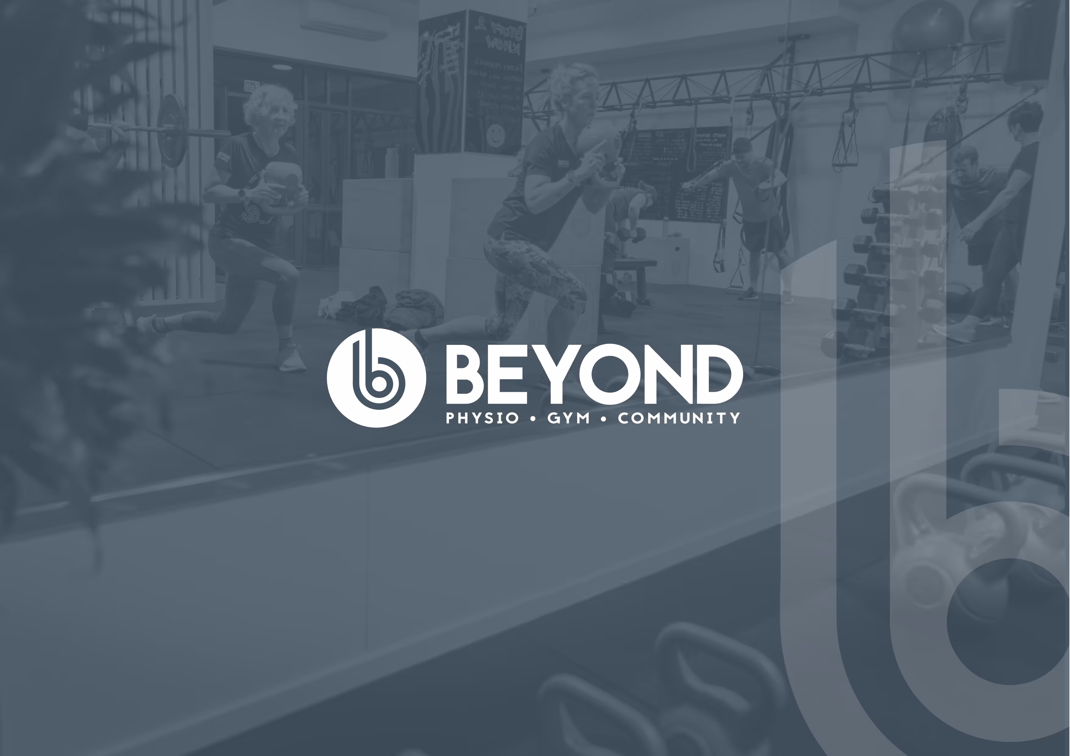 The new Beyond logo in white on a dark blue background. A washed out image of two ladies using kettle bells is just visible 