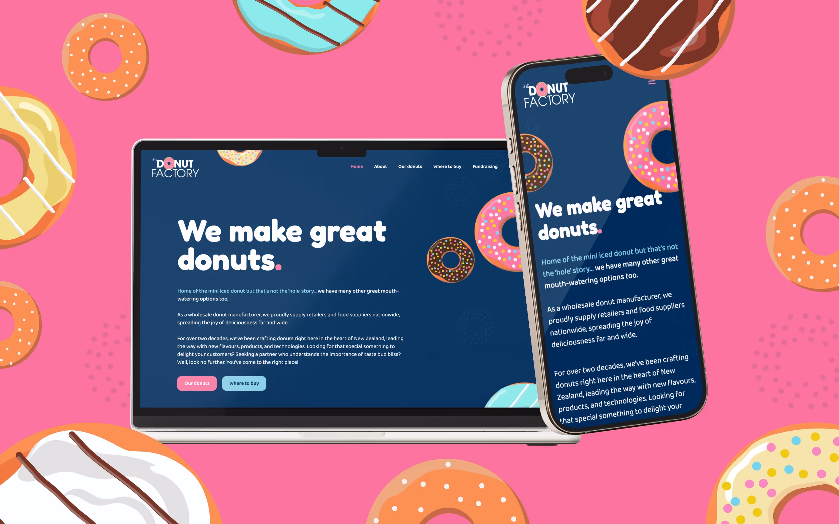 A laptop and mobile screen showcasing the donut factory website. On a pink background with lots of donut illustrations to add depth