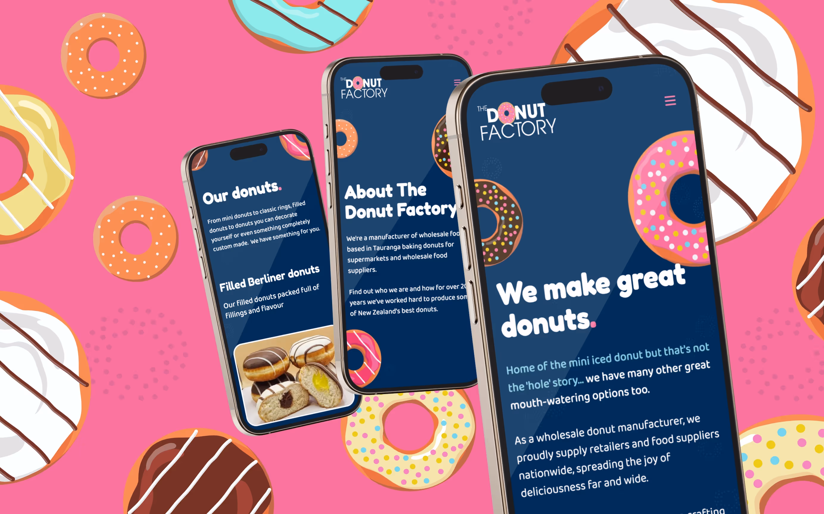 A trio of mobile screens stacked on top of each other showcasing the donut factory website. On a pink background with lots of donut illustrations to add depth