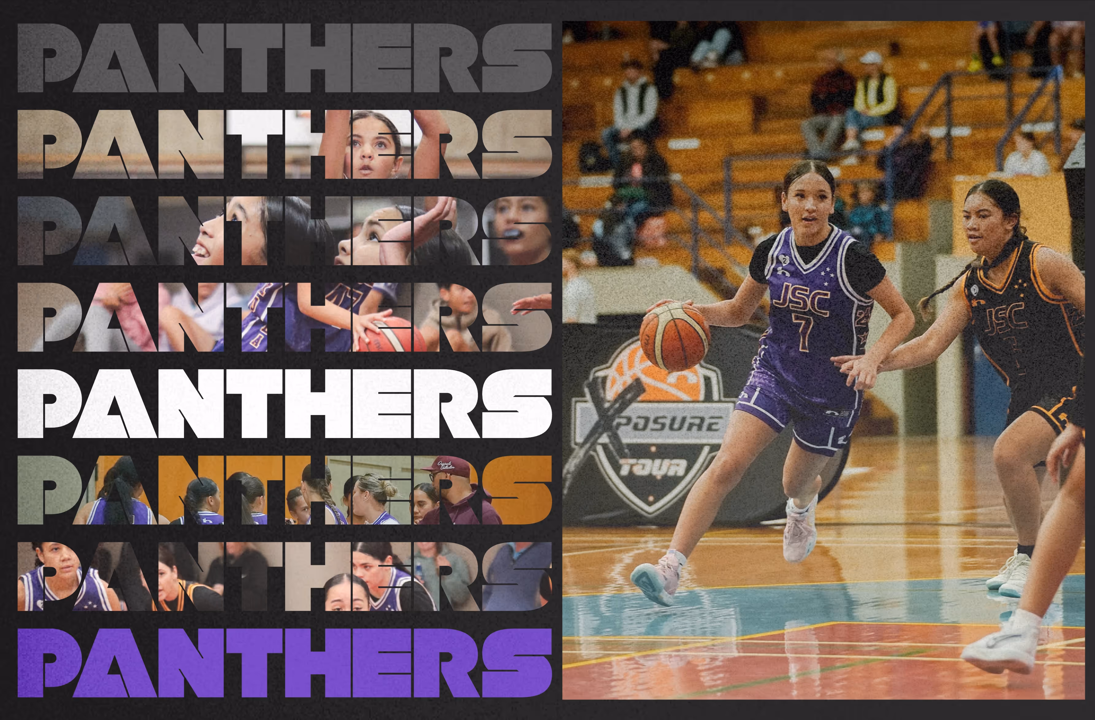 An image of the Panthers basketball team playing on the right side with the leftside featuring lettering of the word Panthers filled with various images from the team