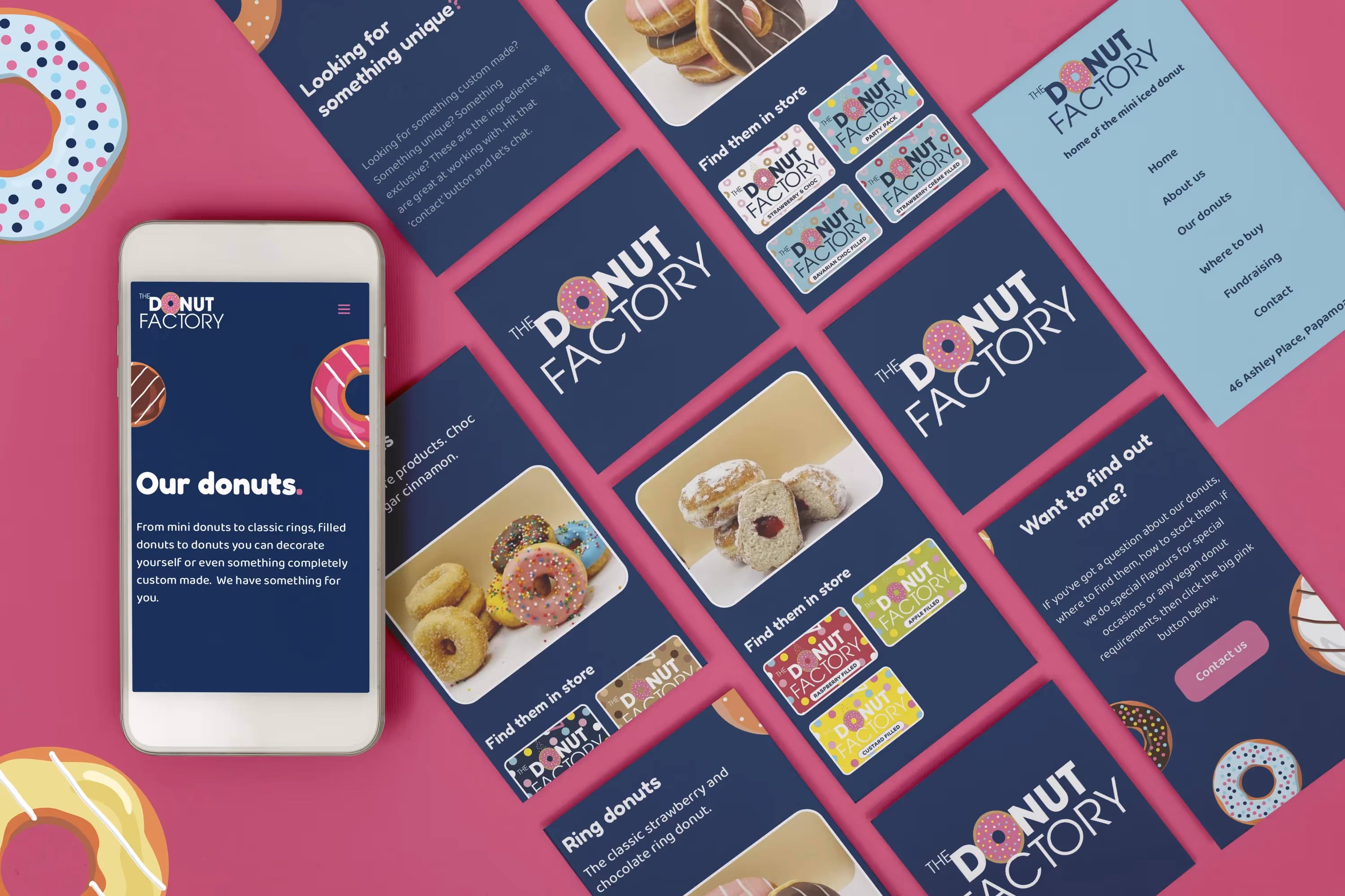 Mobile screen displays of the Donut factory website on a pink background