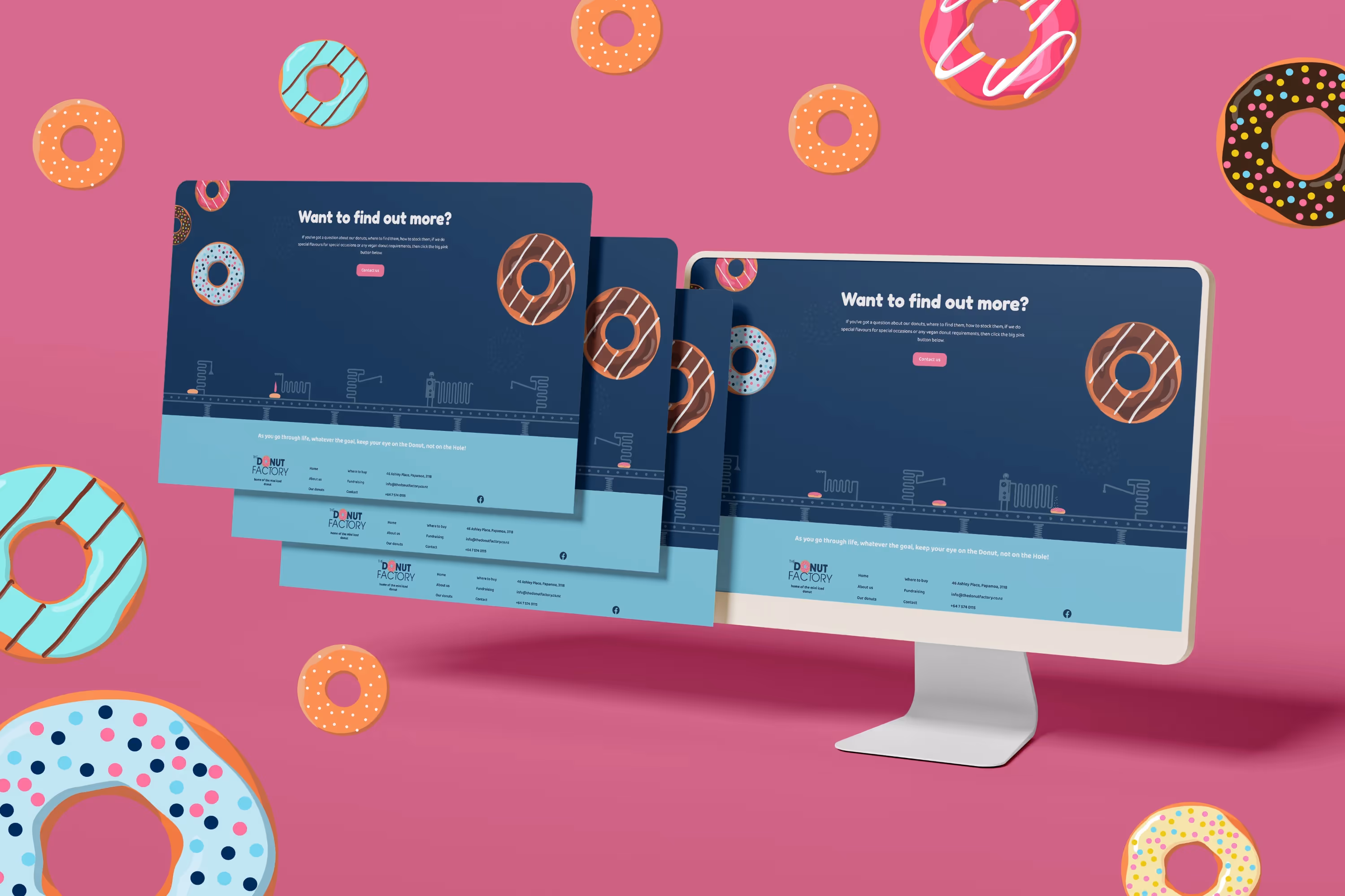 Desktop screen displays of the Donut factory website on a pink background