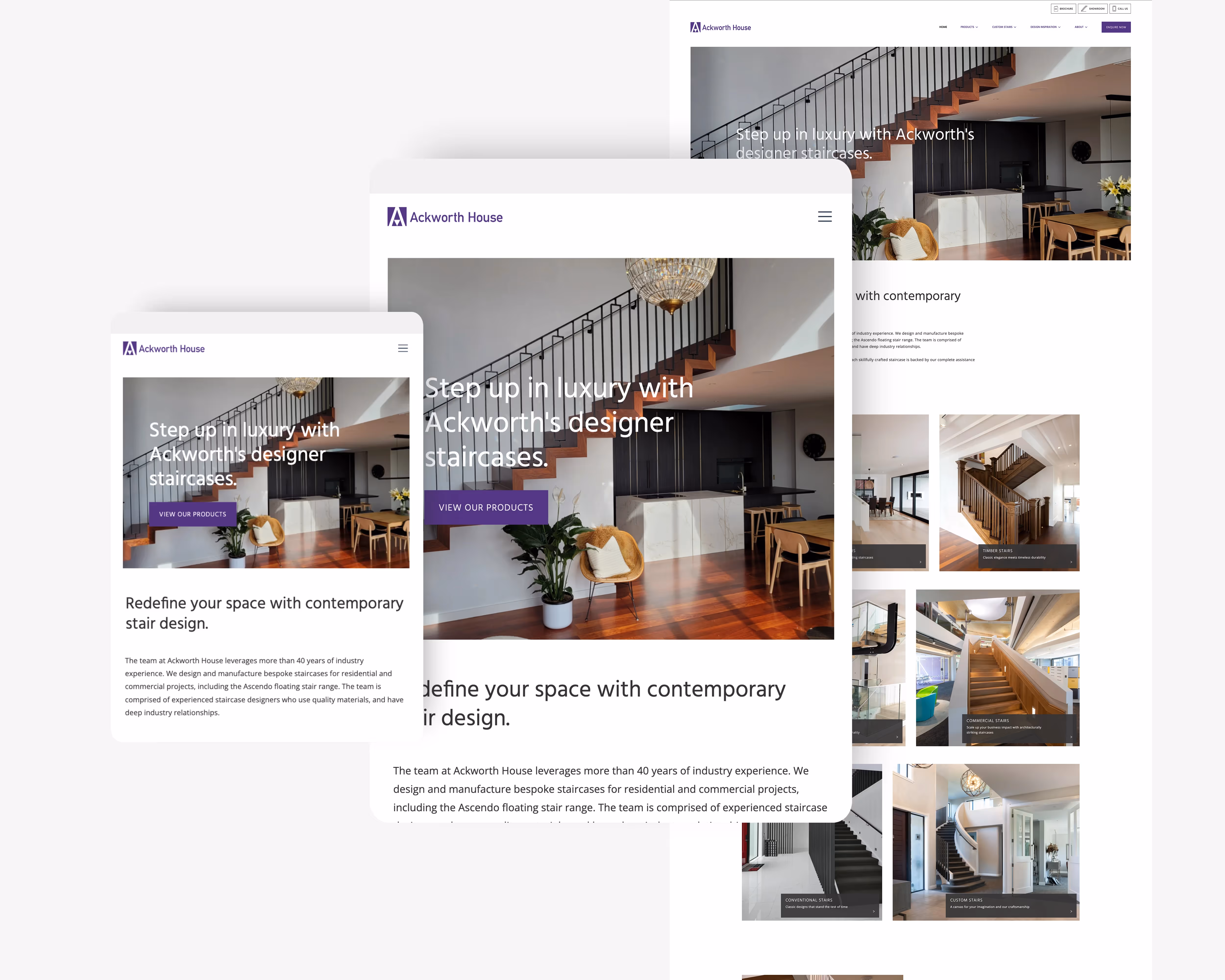 A trio of webpage sizes mocked up on a white background to showcase the Ackworth House website