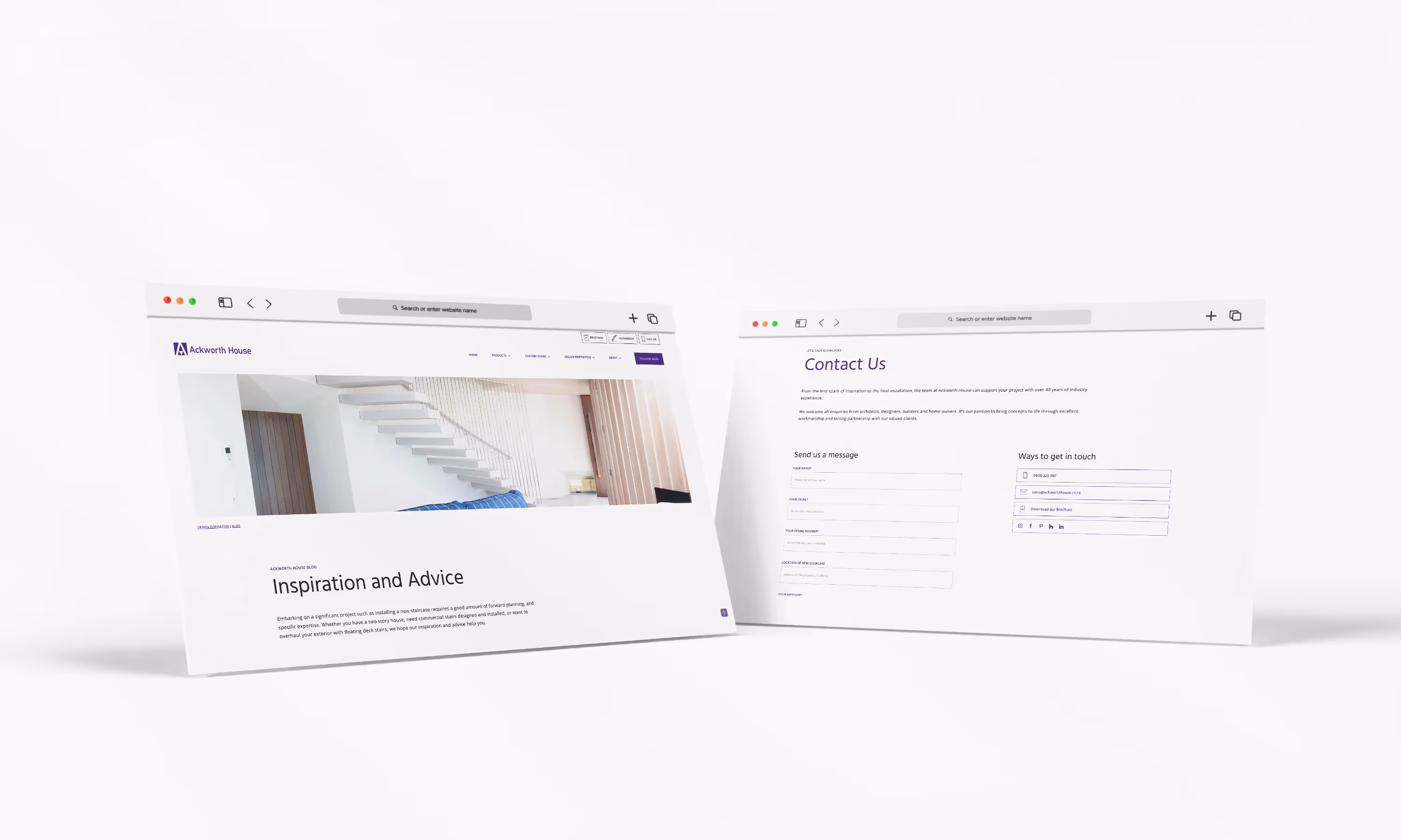 A pair of webpages mocked up on a white background to showcase the Ackworth House website