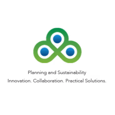 Logo with three interconnected green loops containing blue circles, accompanied by text reading 'Planning and Sustainability Innovation. Collaborative Practical Solutions.'