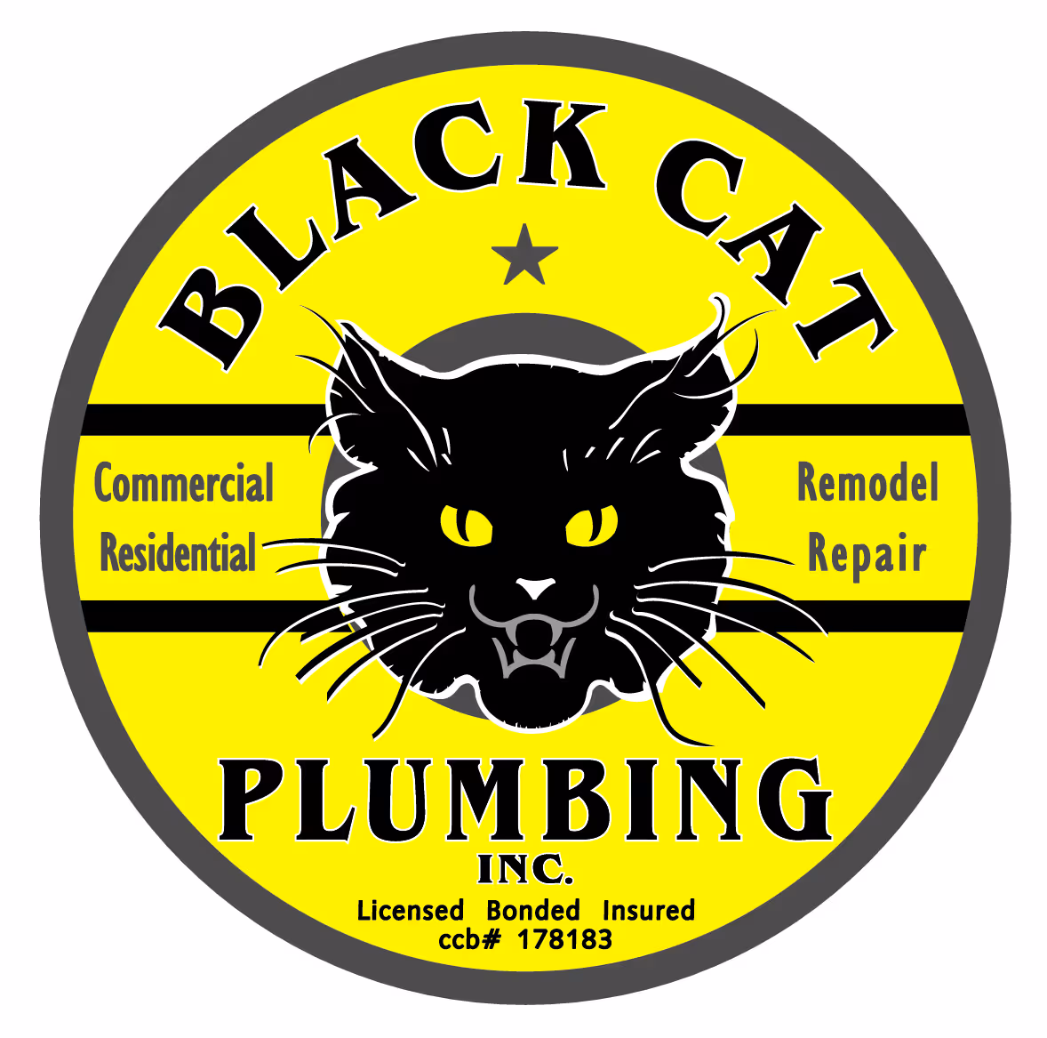 Round yellow and black logo featuring a black cat head with yellow eyes and text 'Black Cat Plumbing Inc.' offering commercial, residential, remodel, and repair services.