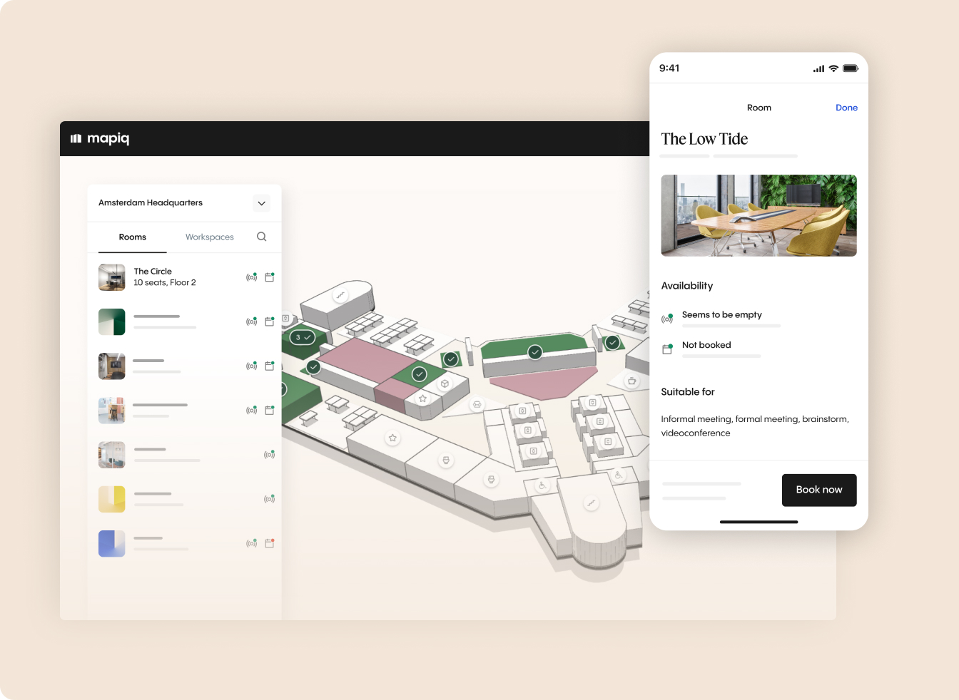Meeting room booking interface showing real-time availability filtered by capacity and location