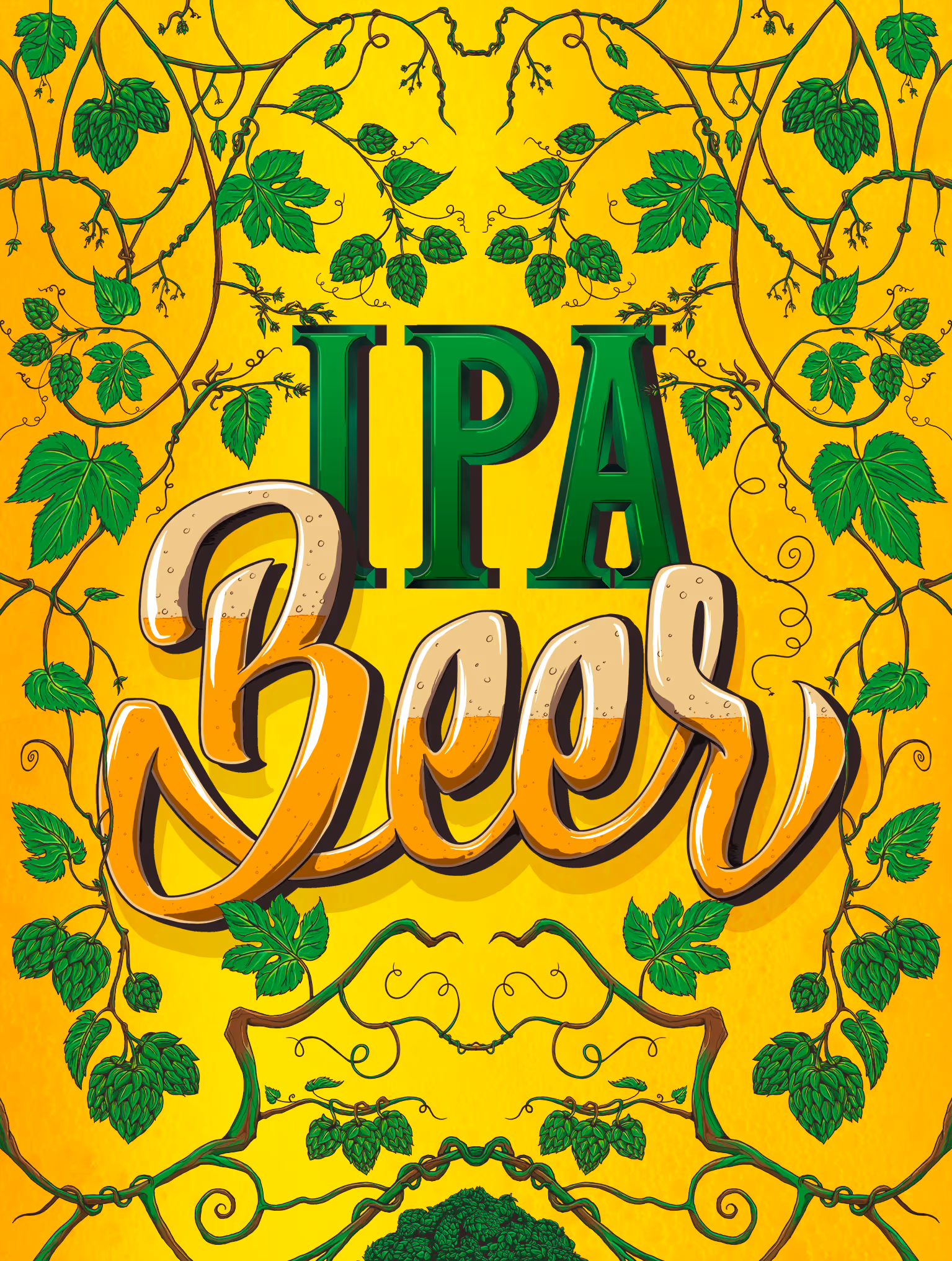 Yellow background with green hops and vines surrounding bold text reading 'IPA Beers'.