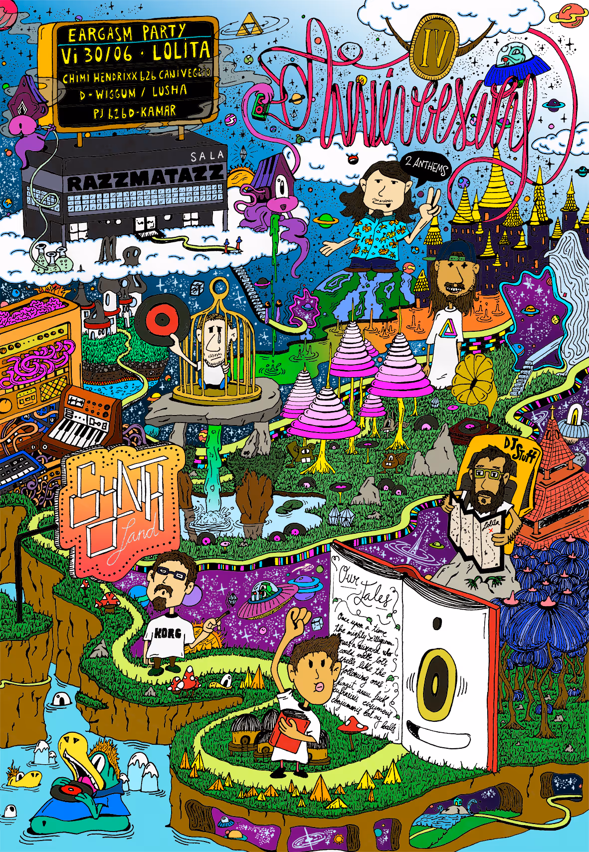 Colorful cartoon illustration of a fantasy landscape with musical instruments, a giant open book, whimsical characters, and signs promoting an Eargasm Party event.
