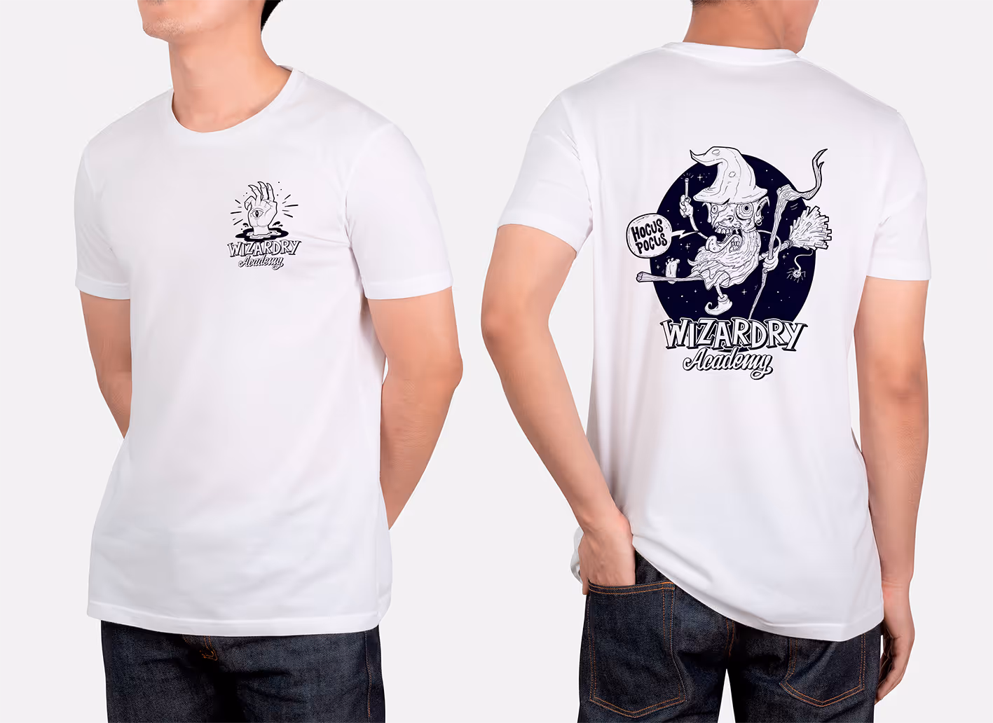 White T-shirt featuring a small front graphic of a hand with an eye and 'Wizardry Academy' text, and a large back graphic of a wizard holding a staff and broomstick with speech bubble saying 'Hocus Pocus' above 'Wizardry Academy' text.