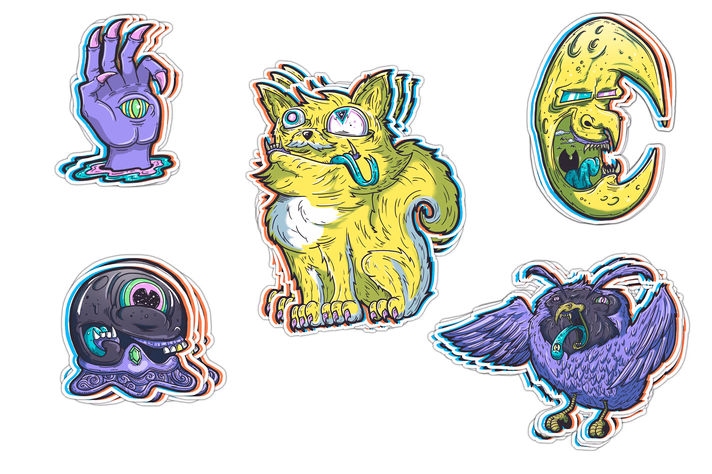 Colorful surreal stickers featuring a purple hand with an eye in the palm, a yellow cat with mismatched eyes and a blue tongue, a crescent moon with a face and blue tongue, a purple skull-octopus hybrid, and a purple bird with a blue tongue.