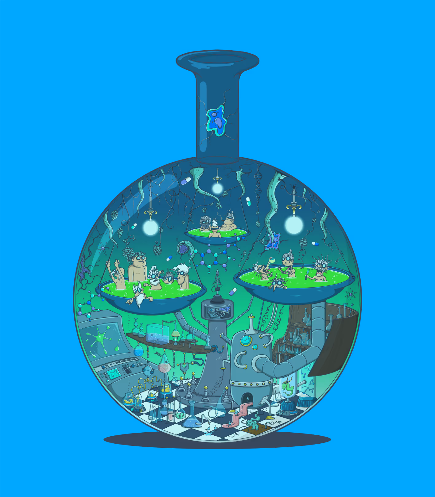 Cartoon laboratory scene inside a large round flask with miniature scientist characters bathing in green liquid in suspended dishes, surrounded by lab equipment, machines, and hanging plants.